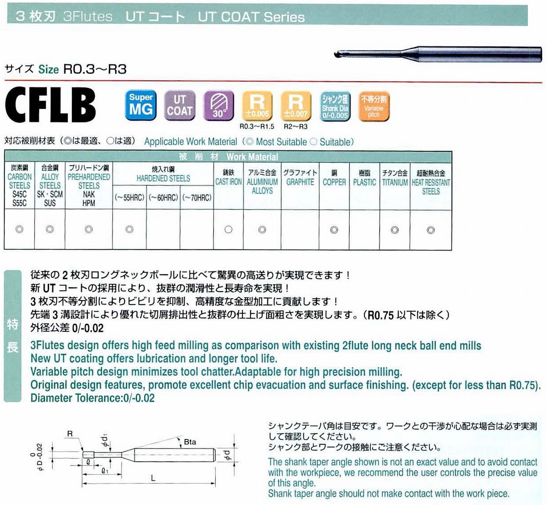ユニオンツール 3枚刃 CFLB3020-100 ボール半径R1 有効長10 刃長1.6 首径1.83 シャンクテーパ角16° 全長50 シャンク径4