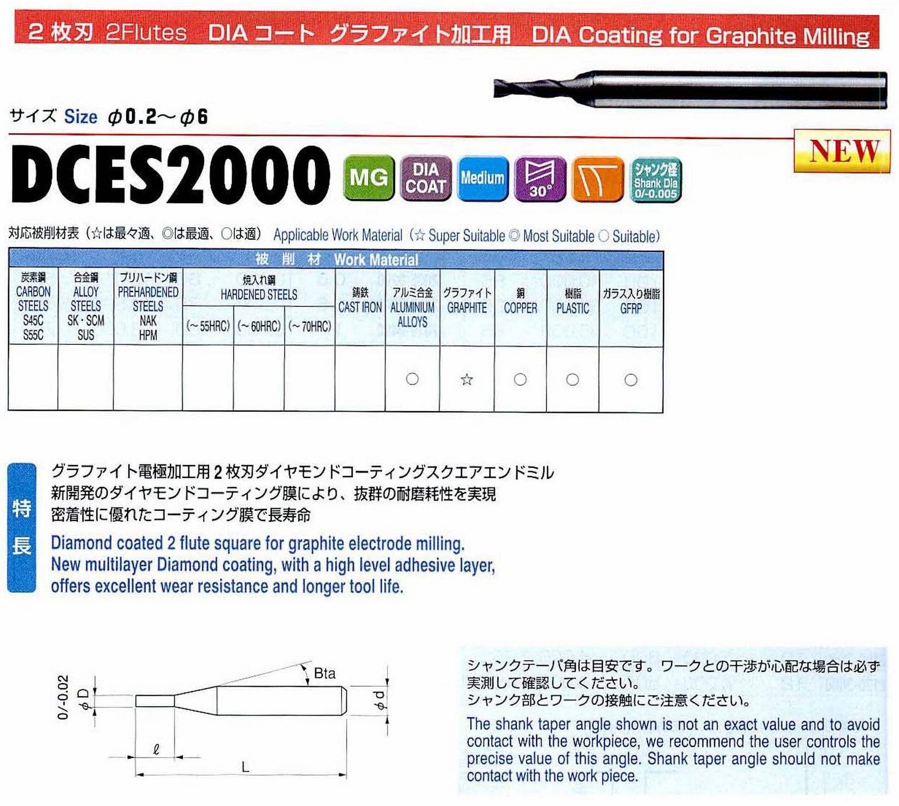 ユニオンツール 2枚刃 DCES2002-0060 外径0.2 刃長0.6 シャンクテーパ角16°全長45 シャンク径4