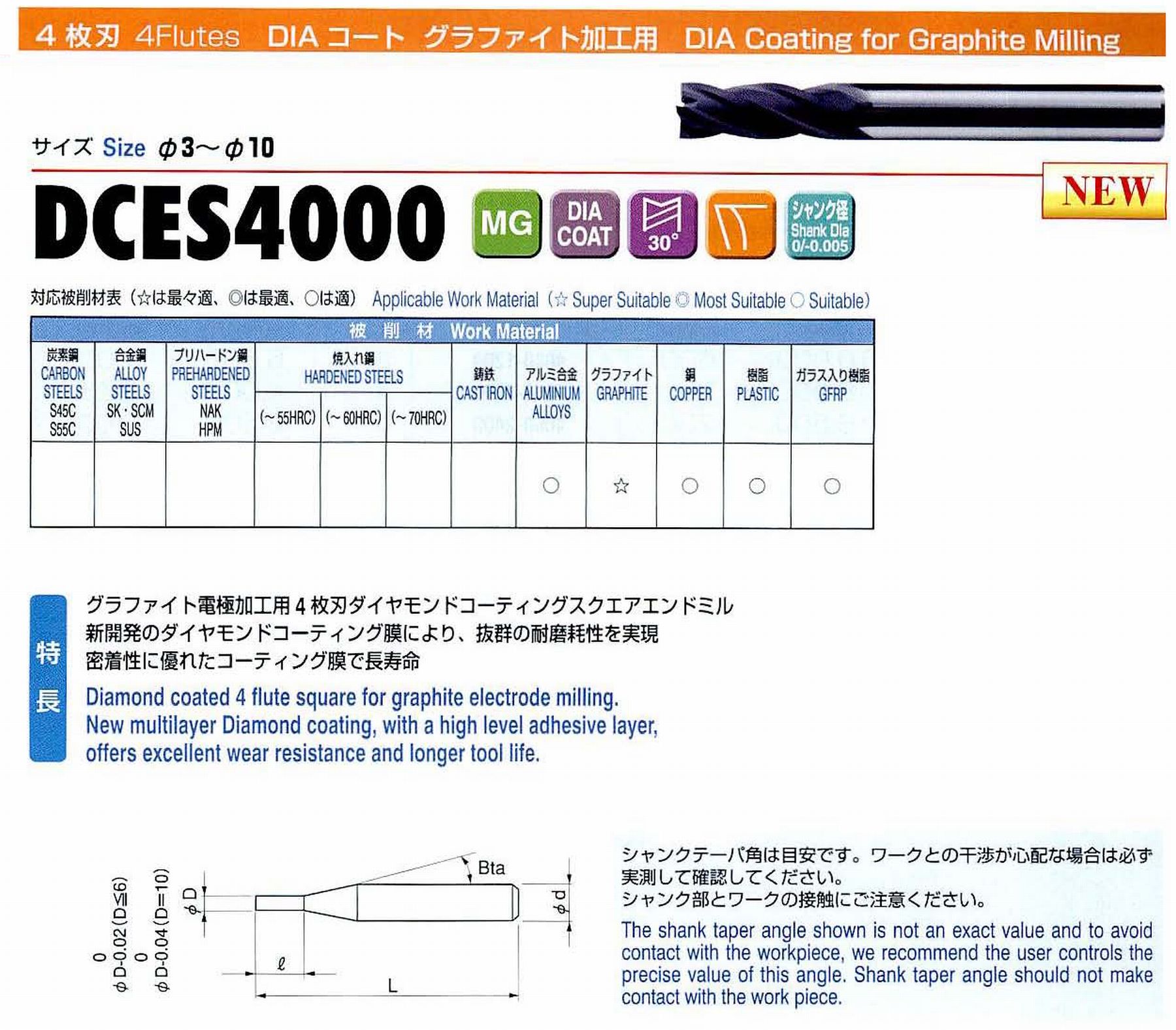 UNION 4枚刃 DCES4100-3000 外径10 刃長30 シャンクテーパ角- 全長90 シャンク径10
