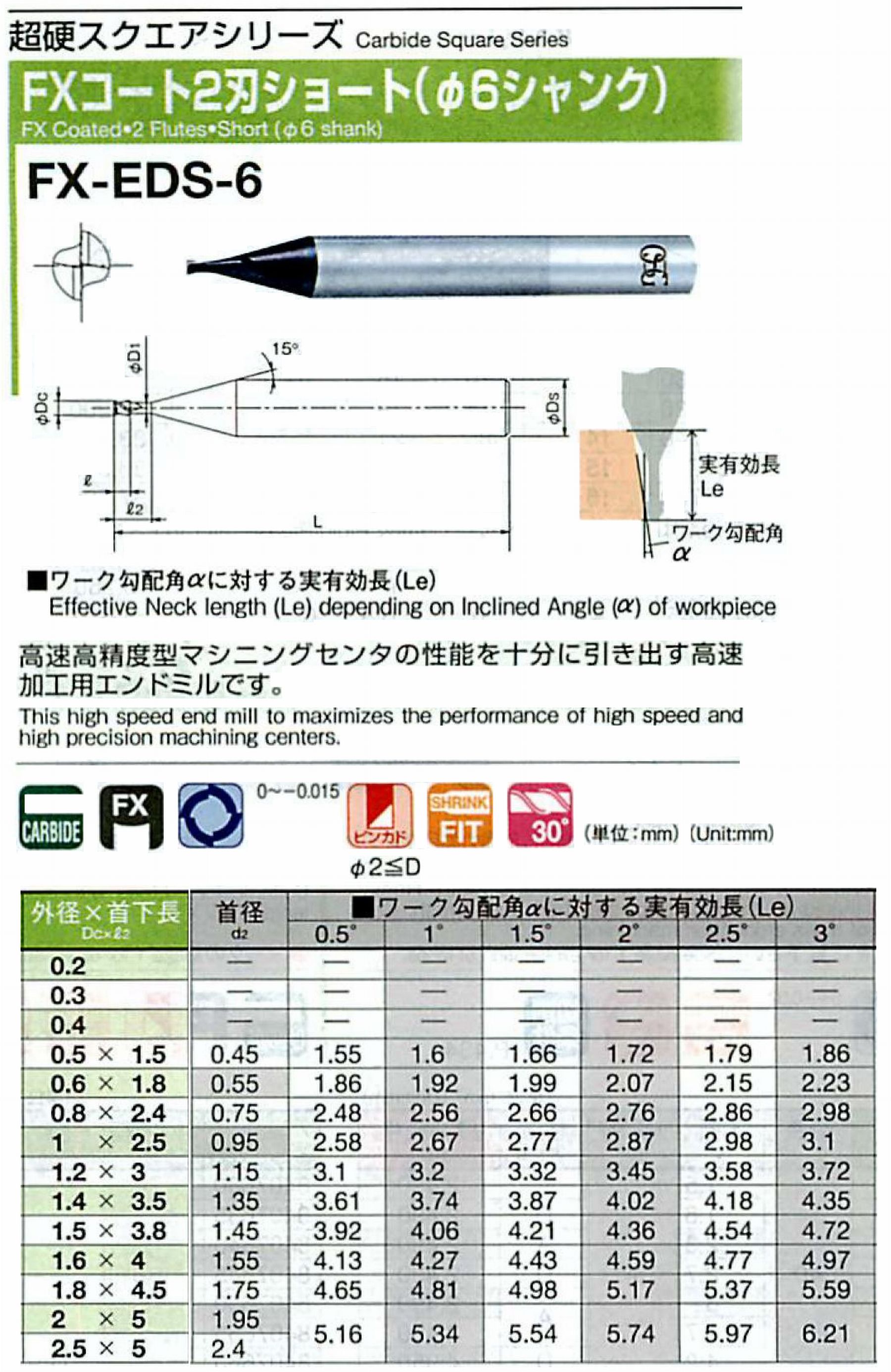 オーエスジー/OSG FXコート2刃 ショート(φ6シャンク) FX-EDS-6 外径×首下長1.6×4 全長50 刃長2.4 シャンク径6mm 首径1.55