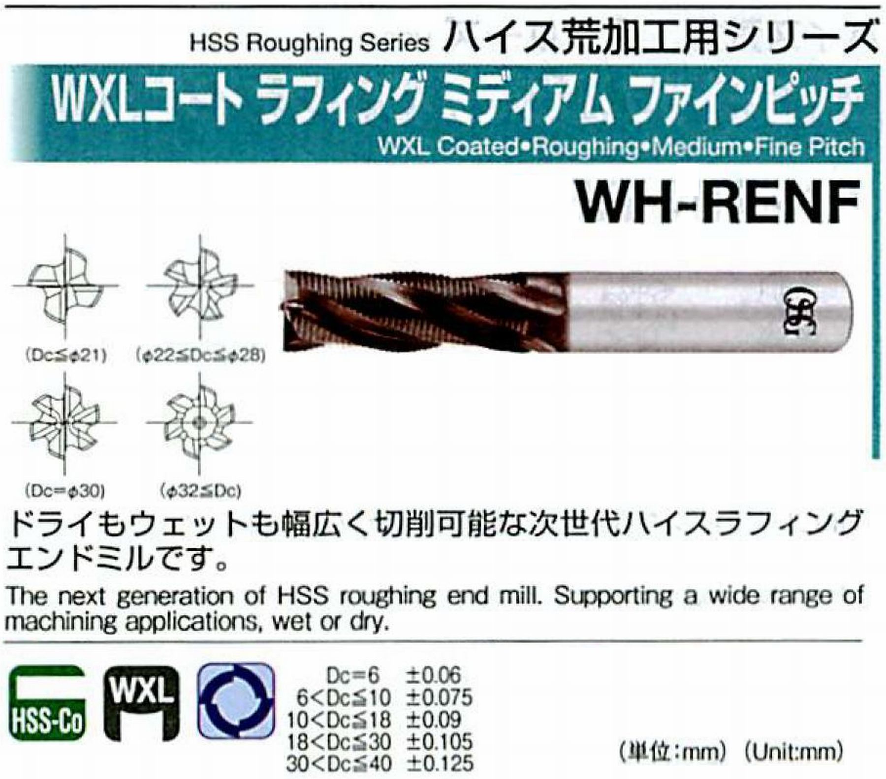 WXLコートラフィングミディアム ファインピッチ WH-RENF(用途:被削材:炭素鋼、合金鋼、工具鋼、プリハードン鋼、ステンレス鋼、鋳鉄