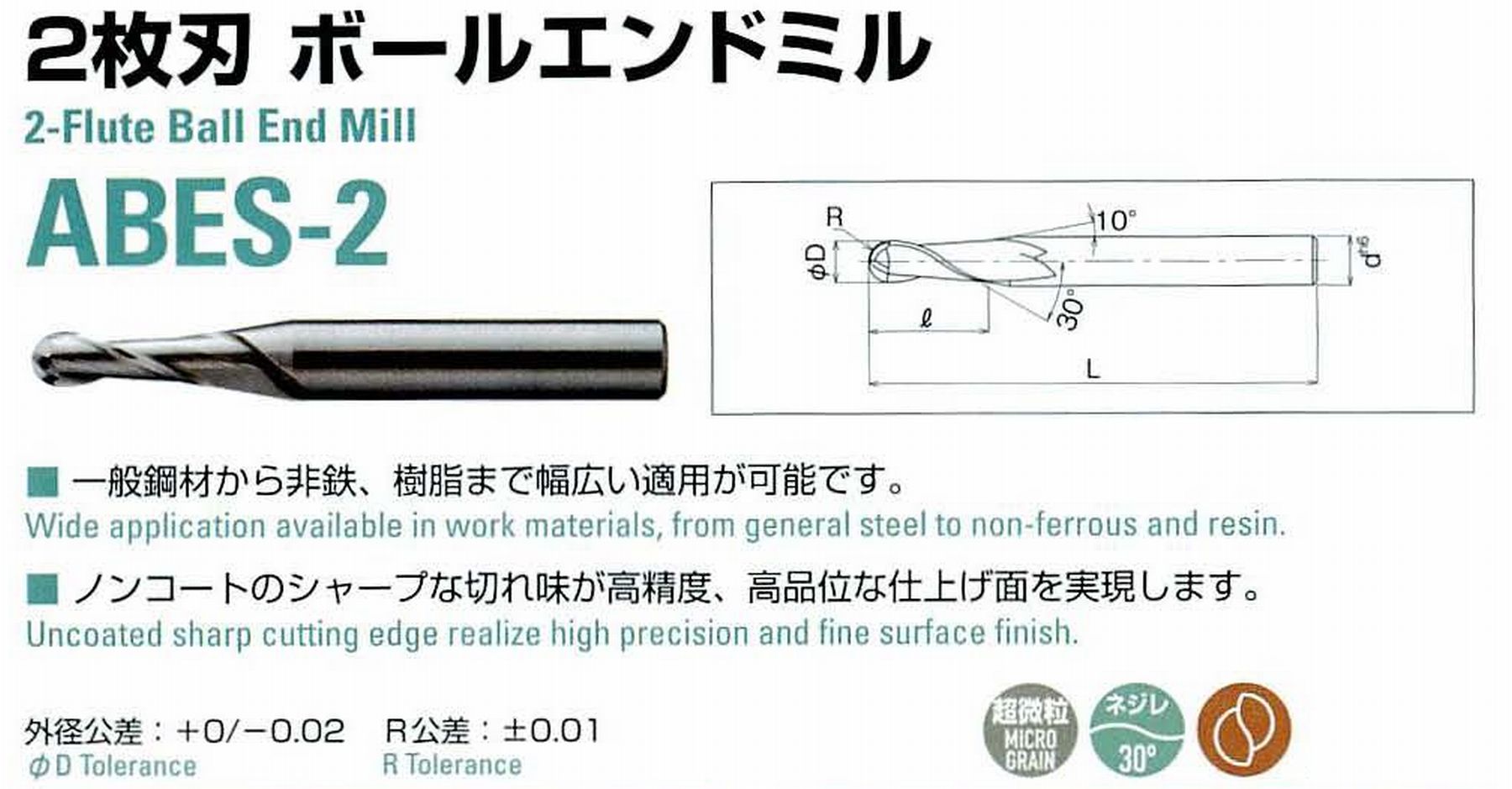 ATOM アトム サイトウ製作所 2枚刃ボールエンドミル ABES-20100 R0.5 径1 刃長3 全長40 シャンク4mm