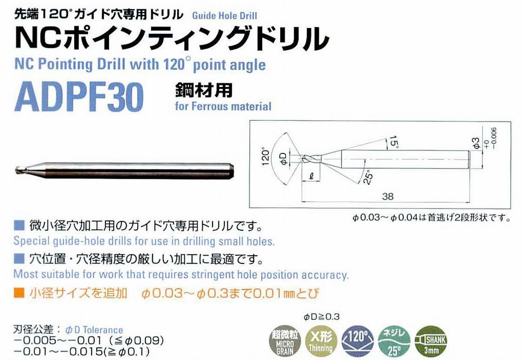 ATOM アトム サイトウ製作所 先端120°ガイド穴専用ドリル NCポインティングドリル ADPF30-0095 径0.95 刃長1.8 全長38 シャンク3mm