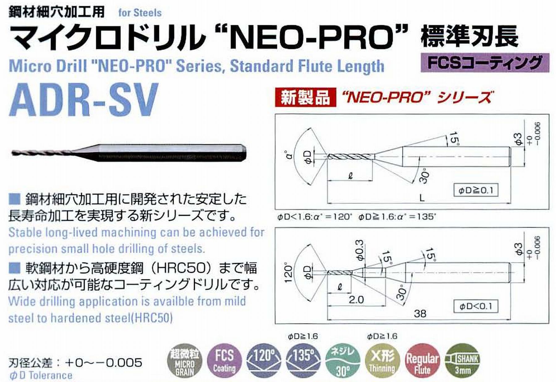 ATOM アトム サイトウ製作所 マイクロドリル NEO-PRO標準刃長 ADR-SV-0008 径0.08 刃長0.8 全長38 シャンク3mm