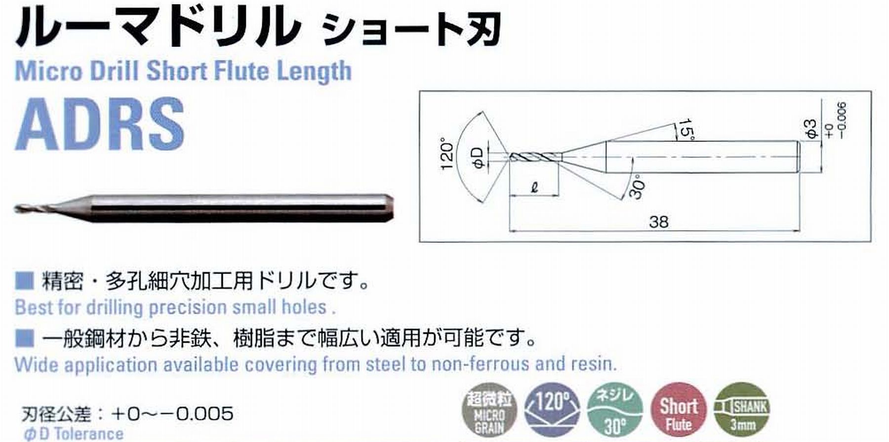 ATOM アトム サイトウ製作所 ルーマドリル ショート刃 ADRS-0018 径0.18 刃長1.0 全長38 シャンク3mm