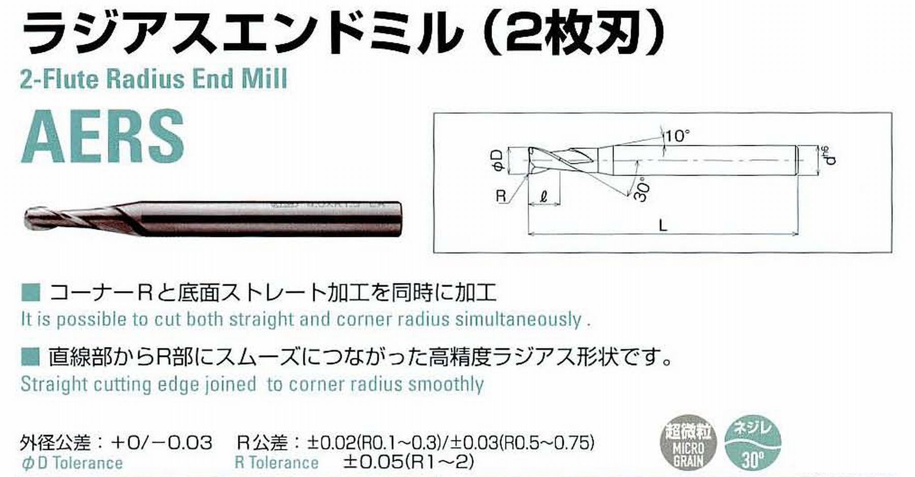 ATOM アトム サイトウ製作所 ラジアスエンドミル(2枚刃) AERS-03100 径3 R1 刃長8 全長50 シャンク6mm