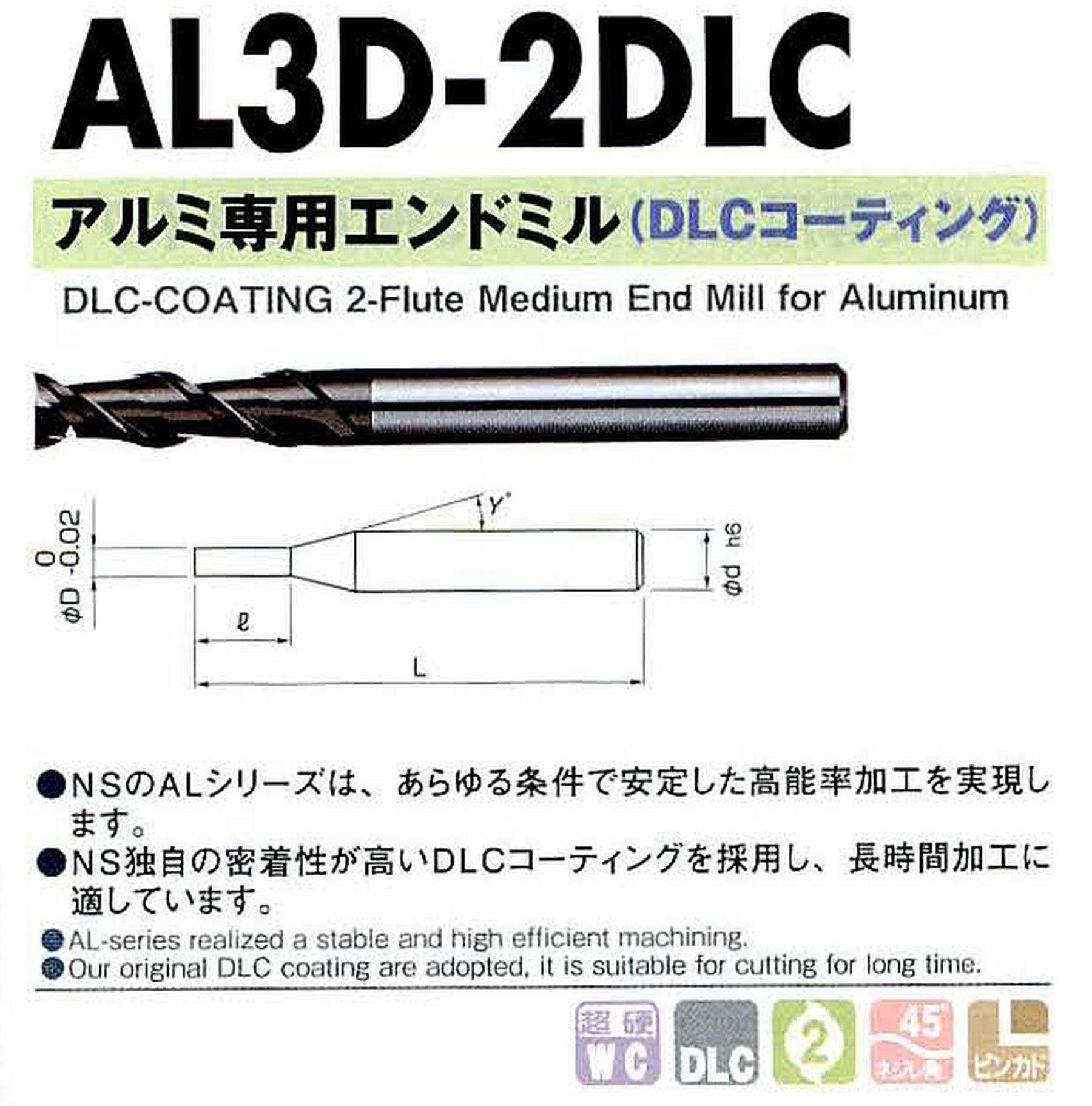 NS 日進工具 AL3D-2DLC アルミ専用エンドミル(DLCコーティング) コードNO．01-00635-01200 刃径12 刃長36 首角- シャンク径12mm 全長90