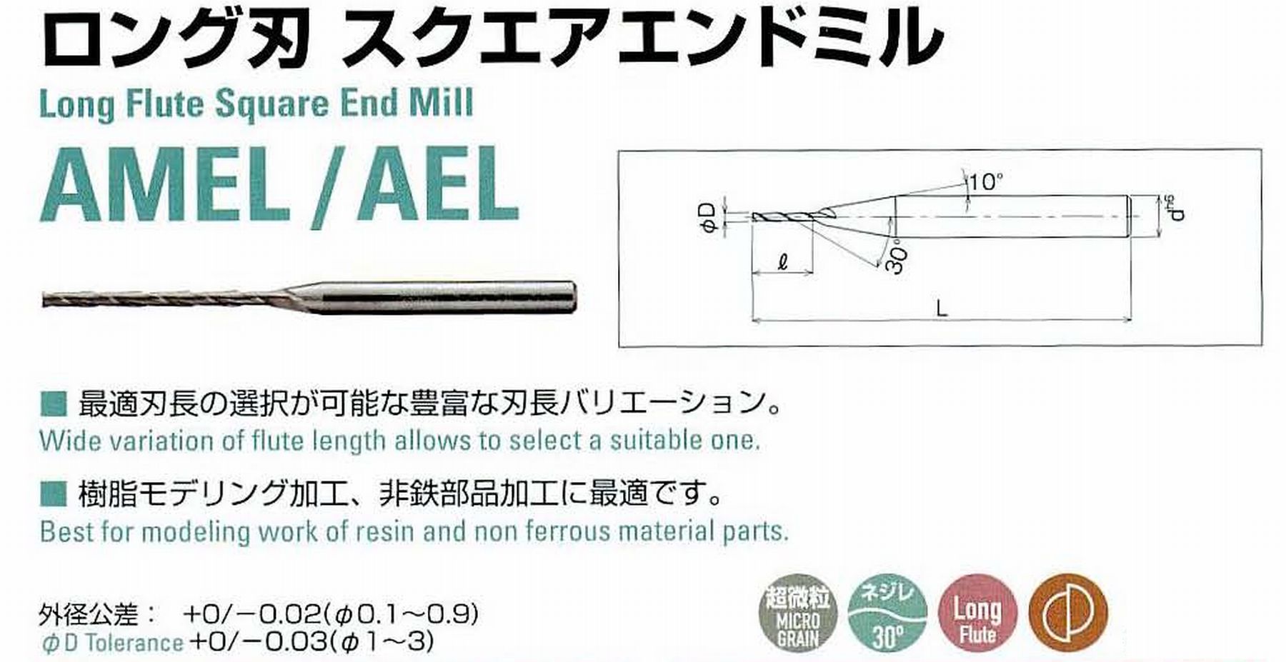 ATOM アトム サイトウ製作所 ロング刃スクエアエンドミル AMEL-20080-5 径0.8 刃長5 全長40 シャンク3mm