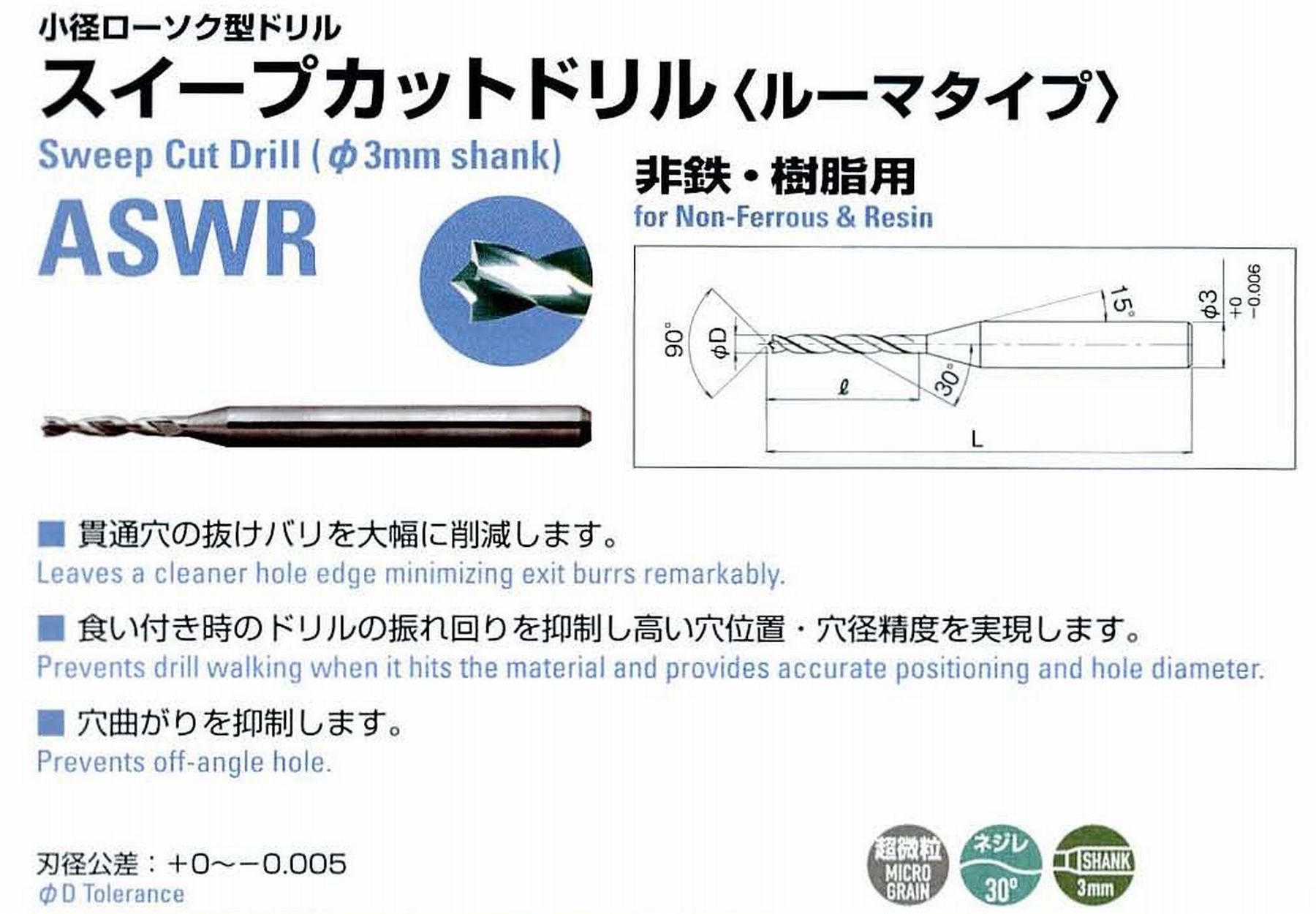 ATOM アトム サイトウ製作所 小径ローソク型ドリル スイープカットドリル(ルーマタイプ) ASWR-0030 径0.3 刃長5 全長38 シャンク3mm