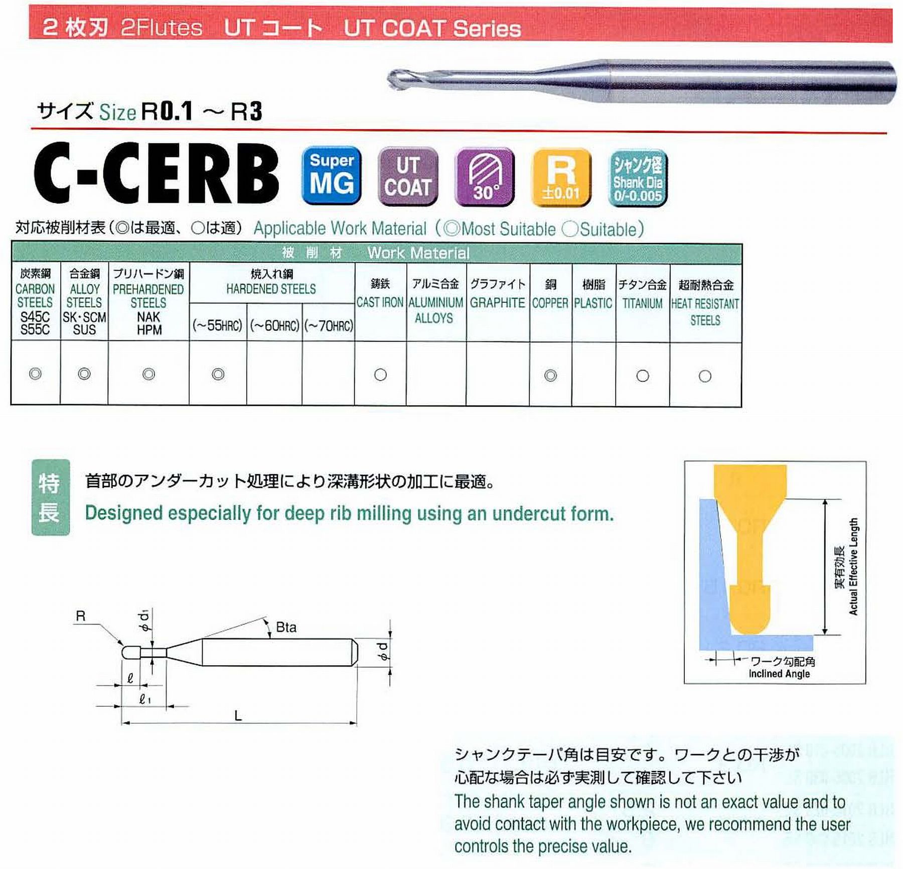 ユニオンツール 2枚刃 C-CERB2003-0.5 ボール半径R0.15 有効長0.5 刃長0.24 首径0.27 シャンクテーパ角16° 全長45 シャンク径4