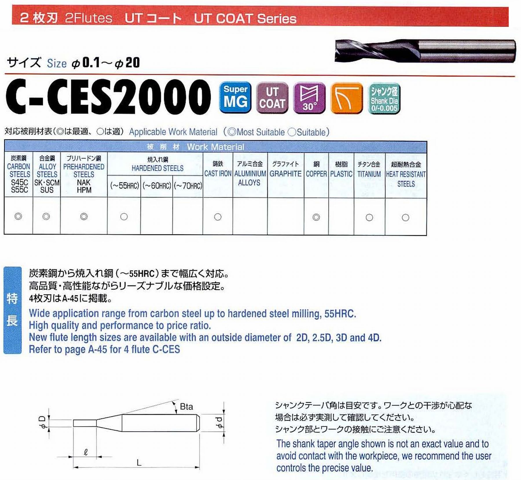 UNION 2枚刃 C-CES2001-0030 外径0.1 刃長0.3 シャンクテーバ角16度 全長45 シャンク径4