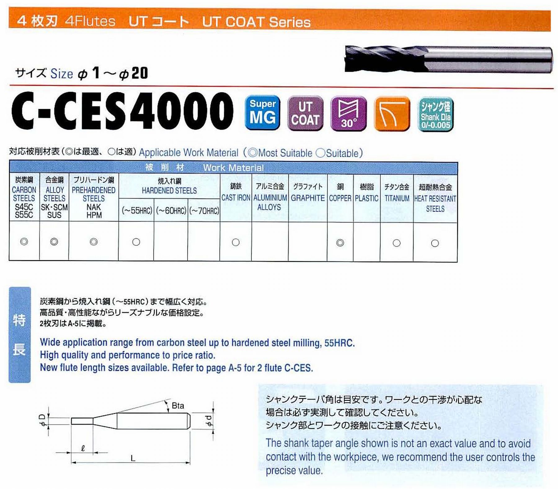 4枚刃 C-CES4080 外径8刃長19テーパ角- 全長60シャンク8