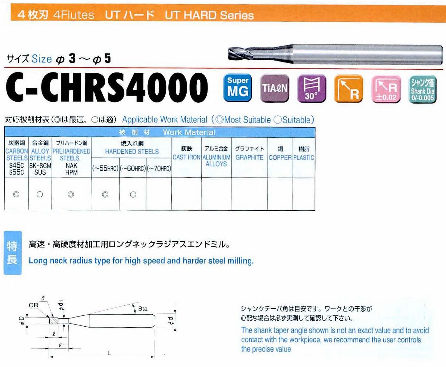 ユニオンツール 4枚刃 C-CHRS4030-01-100 外径3 コーナ半径R0.1 有効長10 刃長3 首径2.91 シャンクテーパ角11° 全長60 シャンク径6