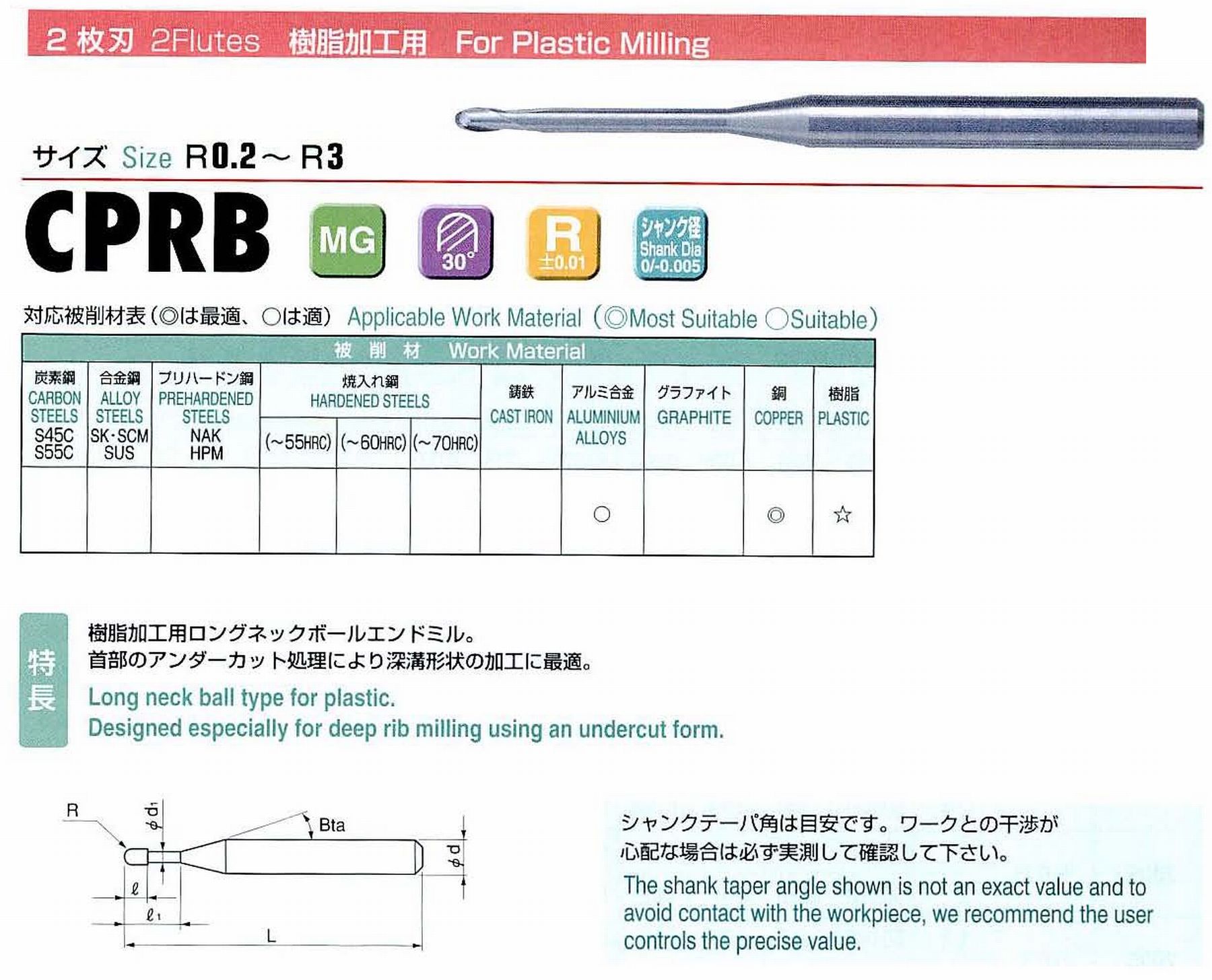 ユニオンツール 2枚刃 CPRB2016-8 ボール半径R0.8 有効長8 刃長1.5 首径1.5 シャンクテーパ角11° 全長45 シャンク径4
