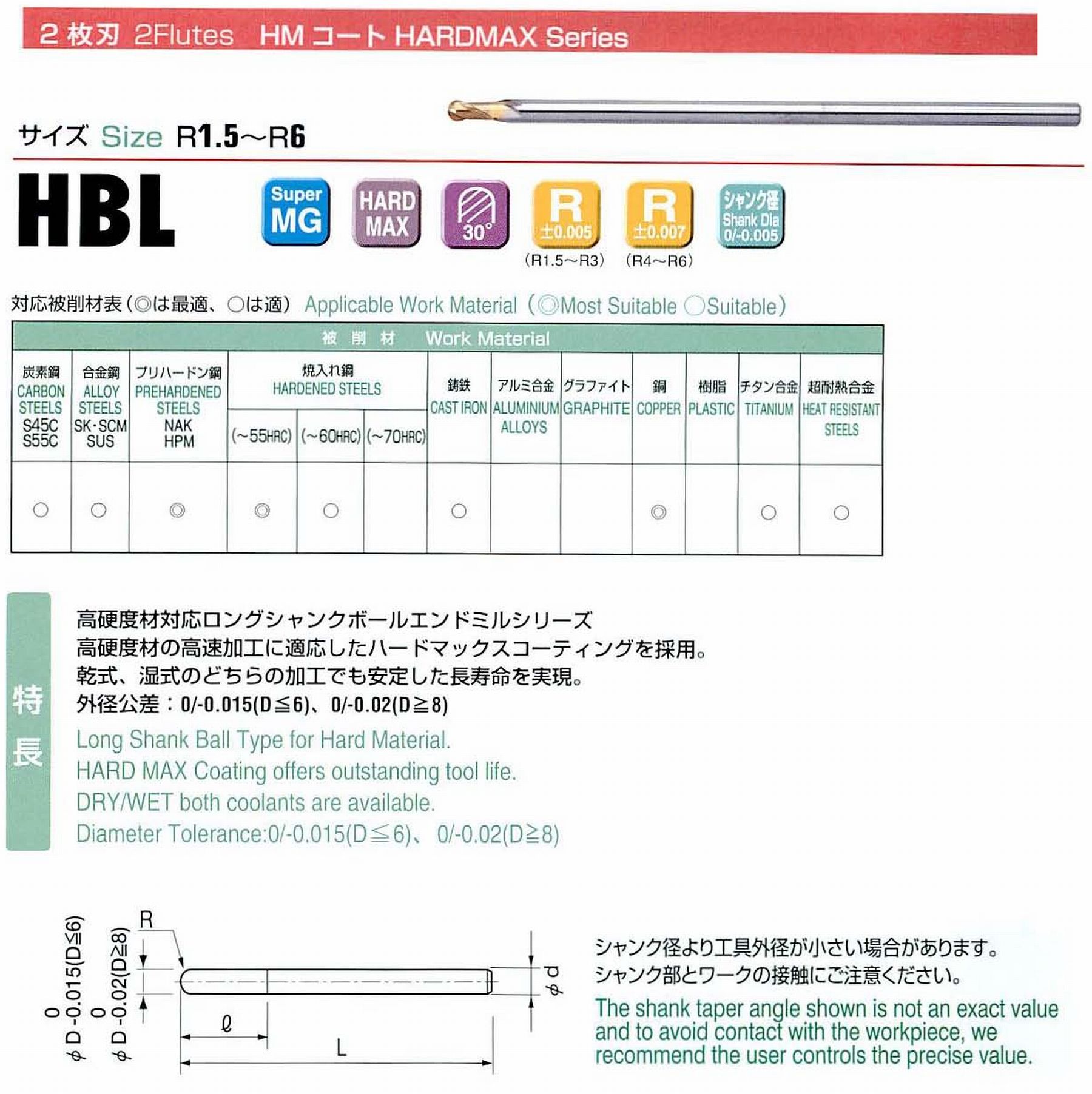ユニオンツール 2枚刃 HBL2030-0800 ボール半径R1.5 刃長4.5 全長80 シャンク径3