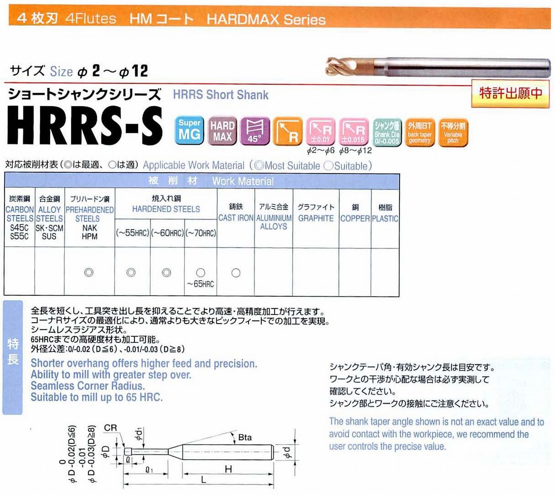 ユニオンツール 4枚刃 HRRS4020-05-06S 外径2 コーナ半径R0.5 有効長6 刃長2 首径1.91 シャンクテーパ角16° 全長45 シャンク径4 有効シャンク長33.0