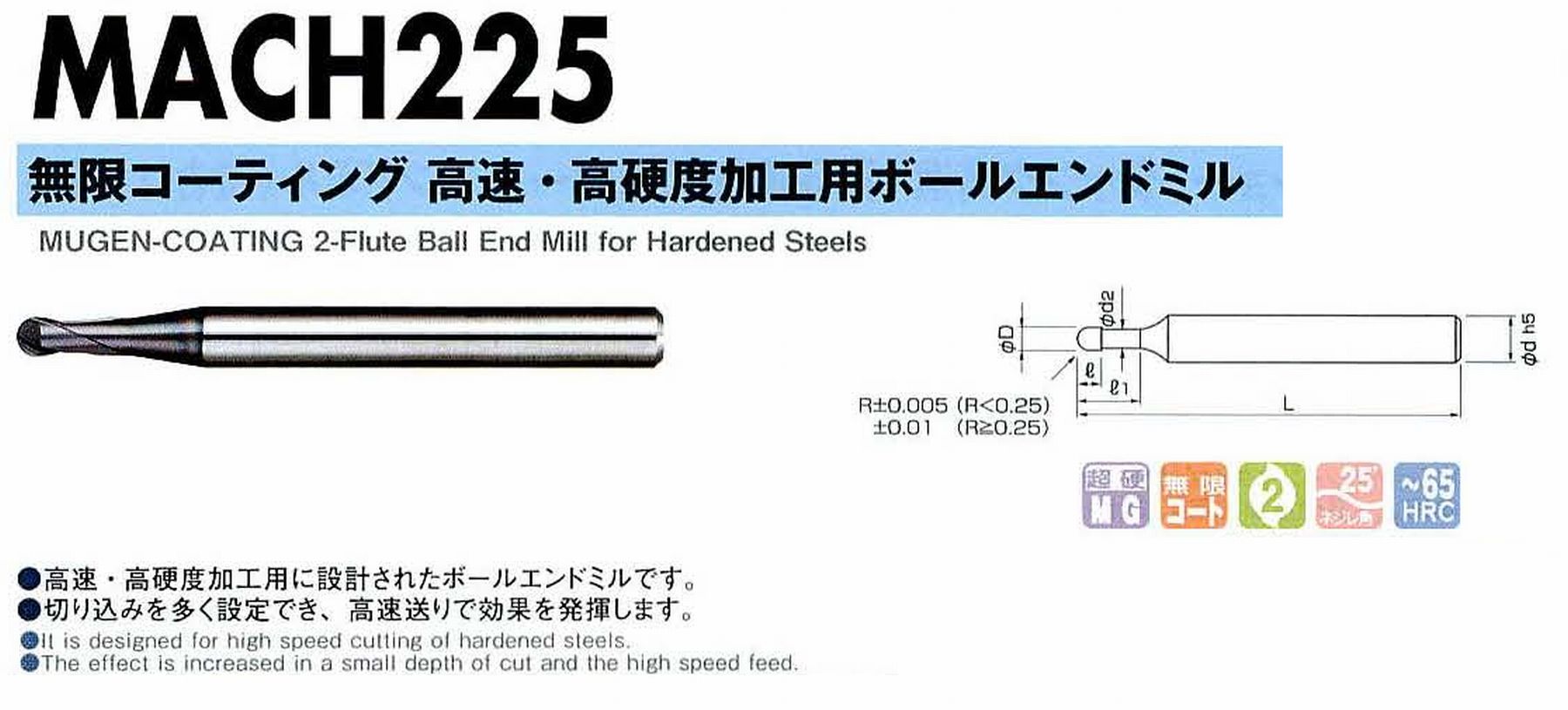 NS 日進工具 MACH225 無限コーティング高速・高硬度加工用ボールエンドミル コードNO．08-00555-30012 ボール半径R3 有効長15 刃長6 刃径6 首下径5.7 シャンク径6mm 全長60