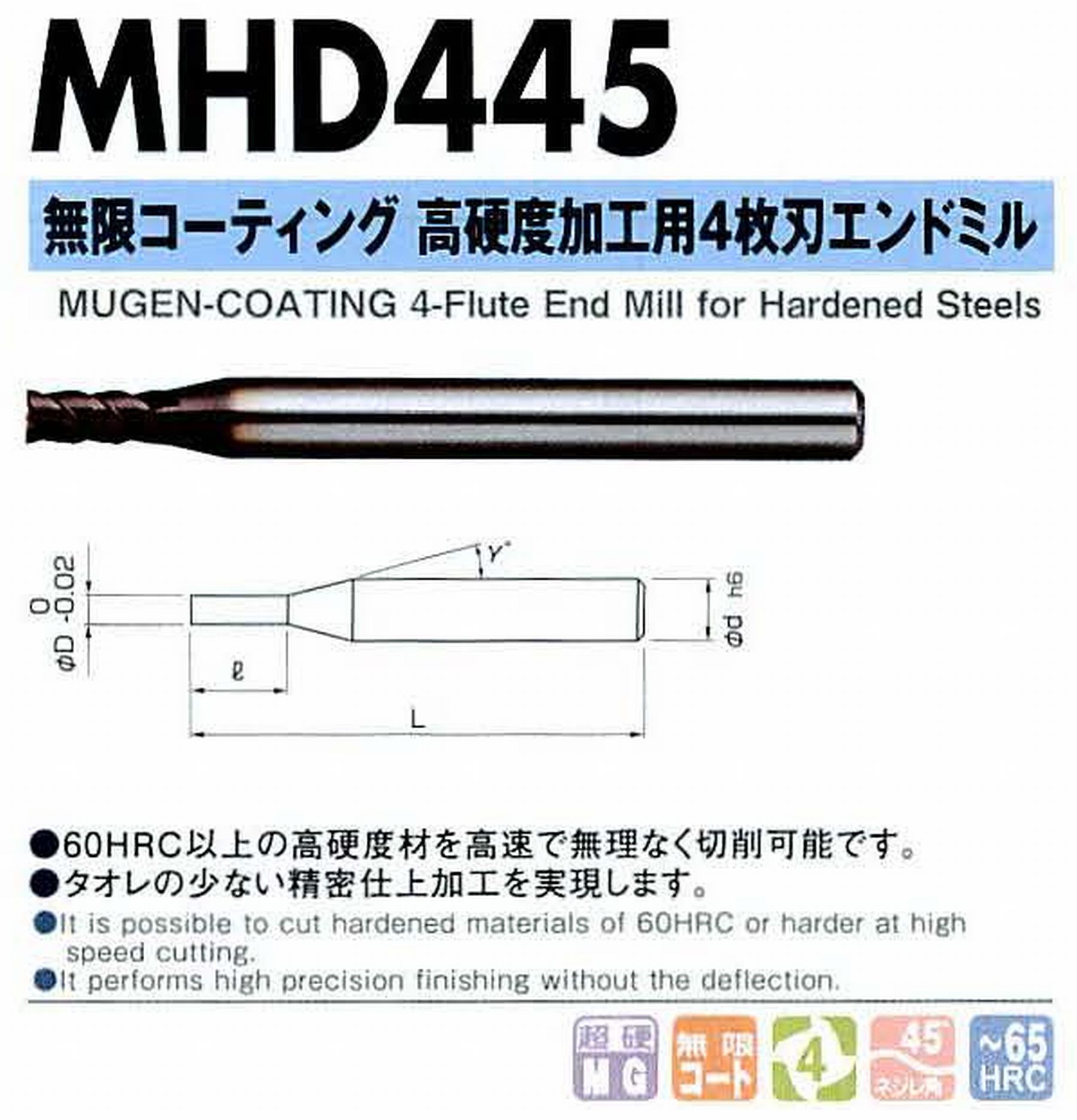 NS 日進工具 MHD445 無限コーティング高硬度加工用4枚刃エンドミル コードNO．08-00400-00100 刃径1 刃長1.5 首角12° シャンク径6mm 全長60