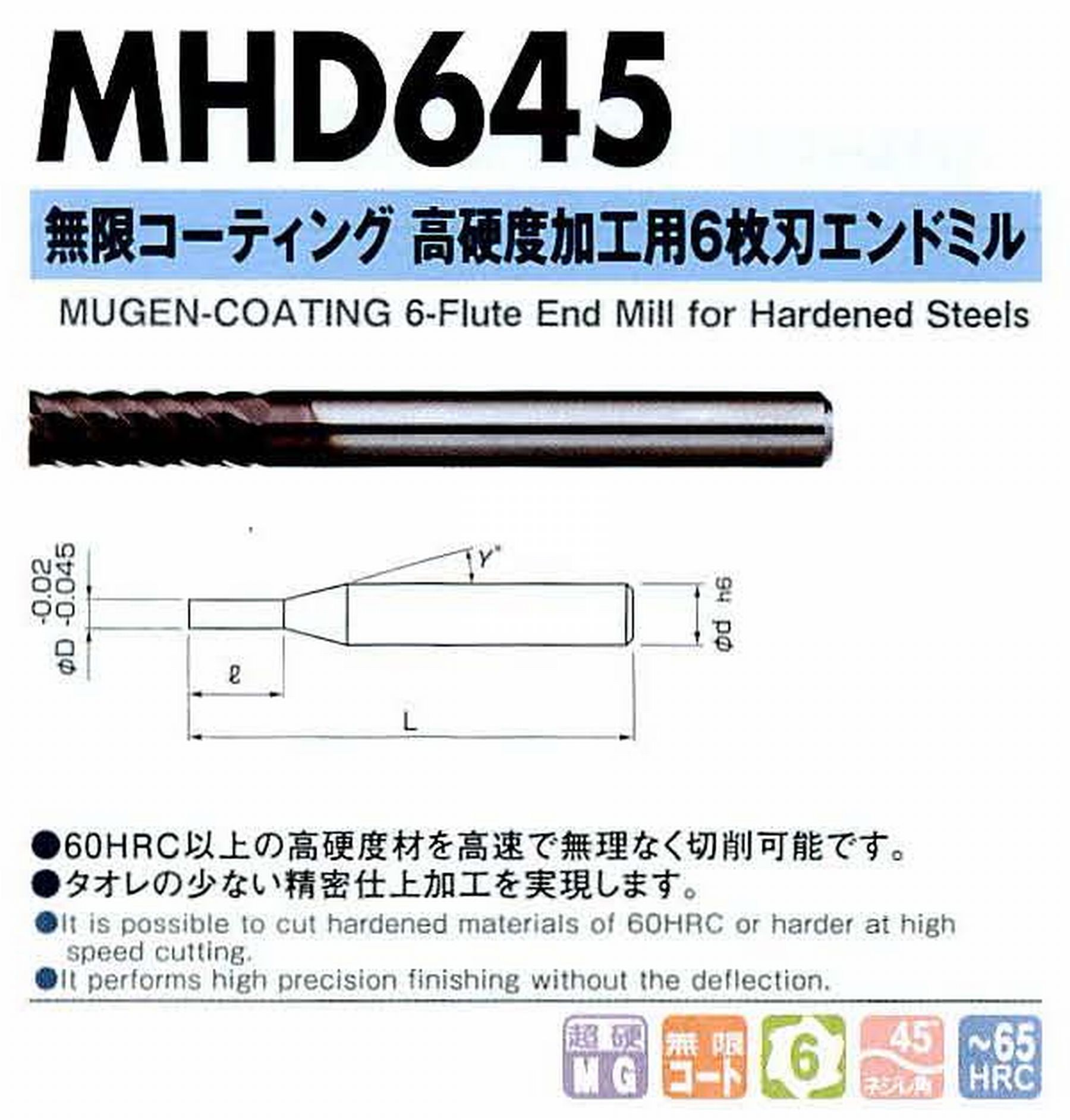 NS 日進工具 MHD645 無限コーティング高硬度加工用6枚刃エンドミル コードNO．08-00410-00600 刃径6 刃長15 首角- シャンク径6mm 全長60