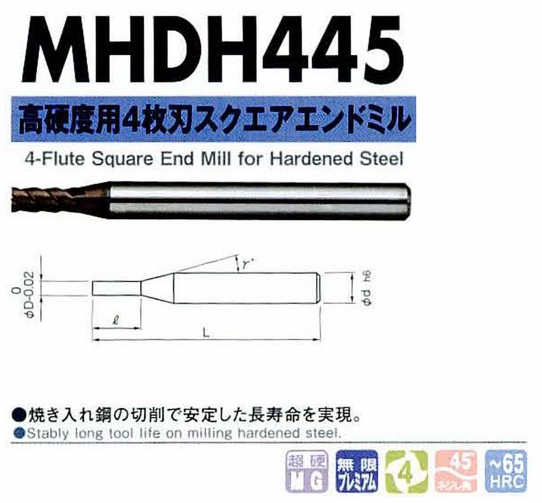 NS 日進工具 MHDH445 高硬度用4枚刃スクエアエンドミル コードNO．08-00427-00100 刃径1 刃長2 首角12° シャンク径6mm 全長60