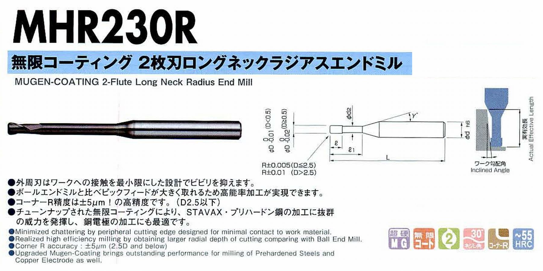 NS 日進工具 MHR230R 無限コーティング2枚刃ロングネックラジアスエンドミル コードNO．08-00220-10003 刃径1 コーナー半径R0.05 有効長5 刃長0.8 首下径0.95 首角12° シャンク径6mm 全長50