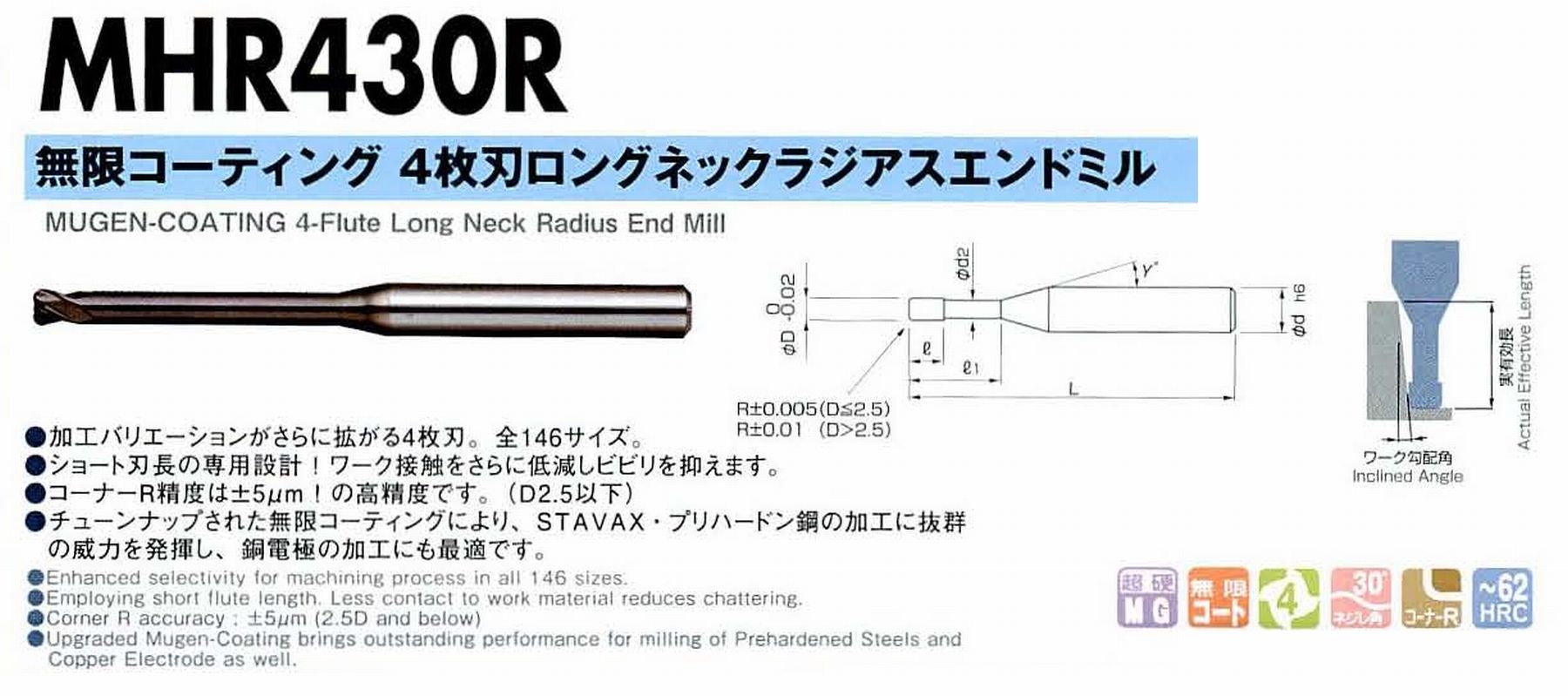 NS 日進工具 MHR430R 無限コーティング4枚刃ロングネックラジアスエンドミル コードNO．08-00230-10047 刃径1 コーナー半径R0.2 有効長12 刃長0.8 首下径0.95 首角12° シャンク径4mm 全長50