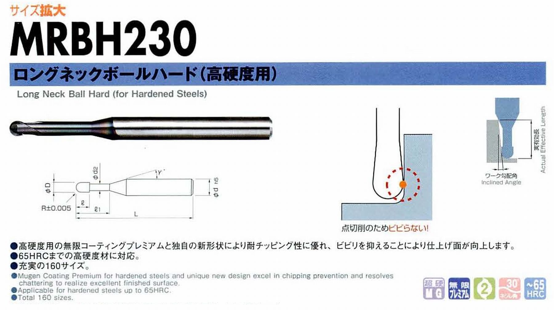 NS 日進工具 MRBH230 ロングネックボールハード(高硬度用) コードNO．08-00527-00318 ボール半径R0.3 有効長10 刃長0.45 刃径0.6 首下径0.56 首角12° シャンク径4mm 全長45