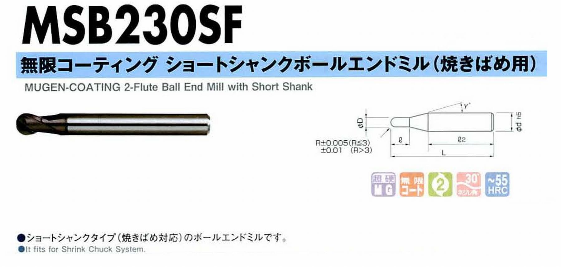 NS 日進工具 MSB230SF 無限コーティングショートシャンクボールエンドミル(焼きばめ用) コードNO．08-00504-00050 ボール半径R0.5 刃長1 刃径1 首角15° シャンク径4mm シャンク長32.5 全長40