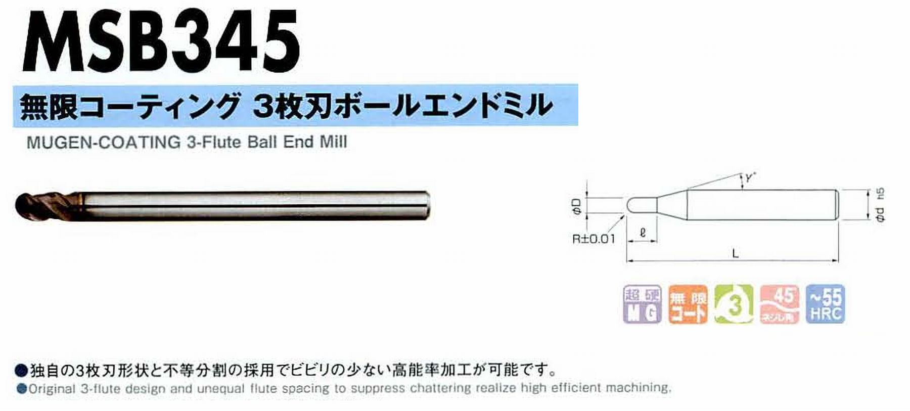 NS 日進工具 MSB345 無限コーティング3枚刃ボールエンドミル コードNO．08-00600-00050 ボール半径R0.5 刃長1.5 刃径1 首角12° シャンク径6mm 全長60