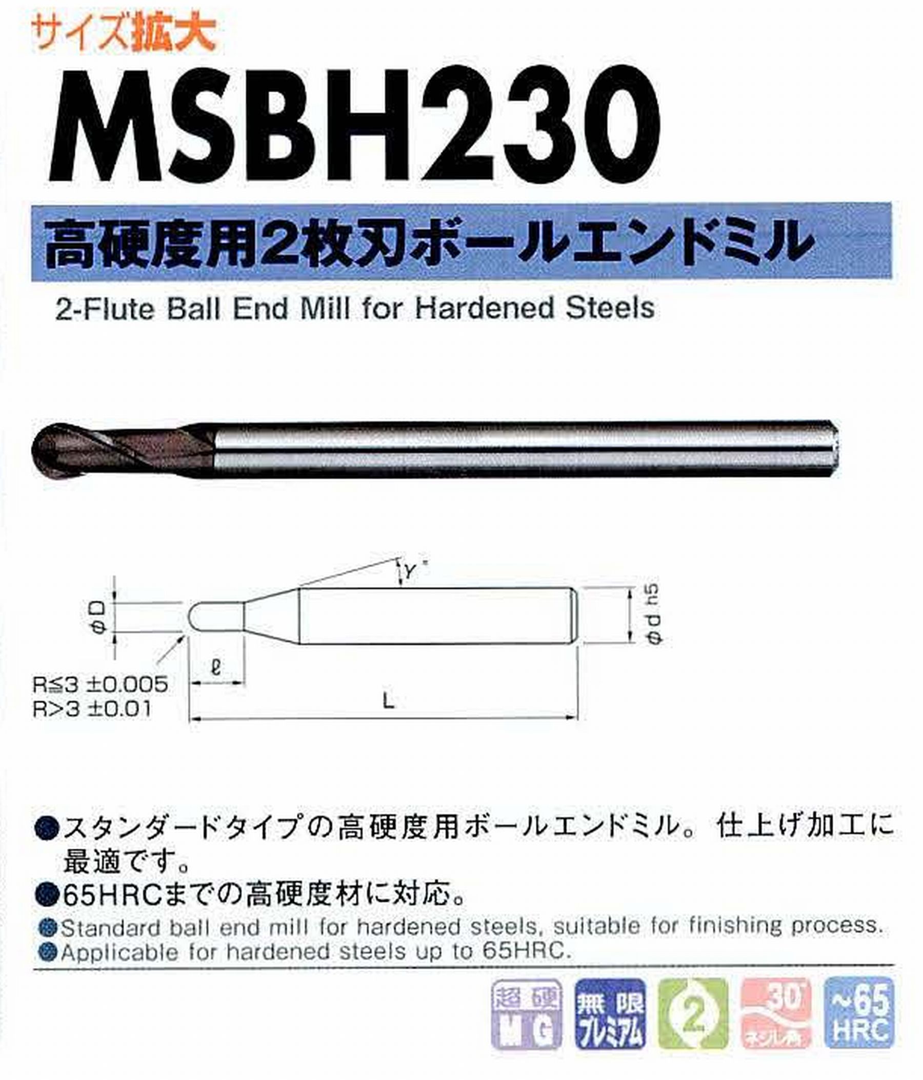 NS 日進工具 MSBH230 高硬度用2枚刃ボールエンドミル コードNO．08-00507-00200 ボール半径R2 刃長6 刃径4 首角12° シャンク径4mm 全長70