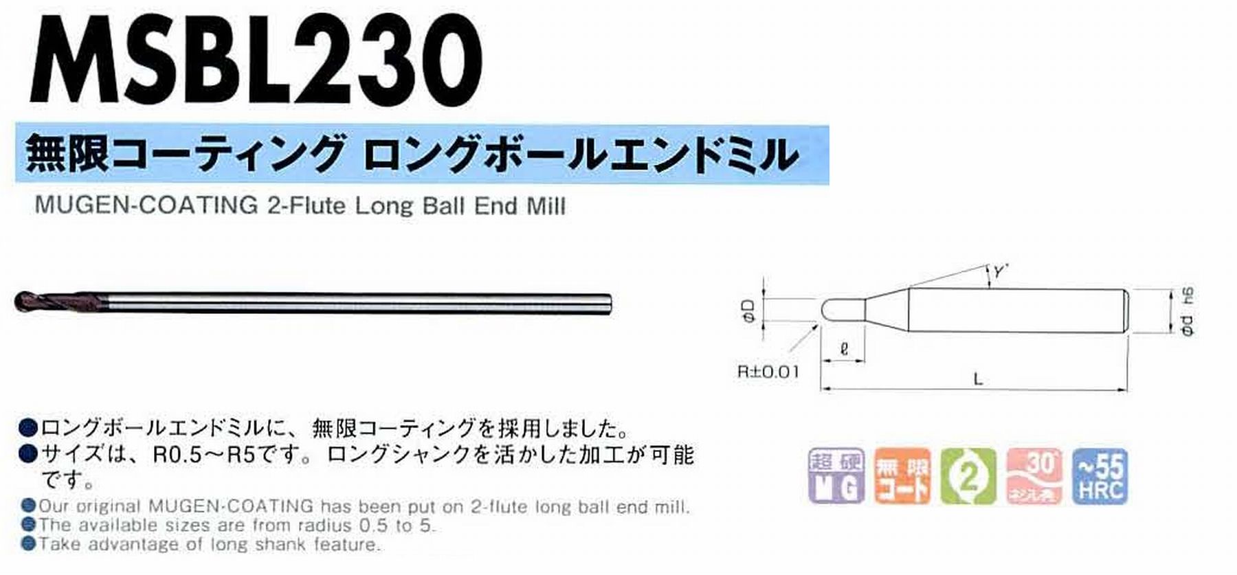 NS 日進工具 MSBL230 無限コーティングロングボールエンドミル コードNO．08-00510-00500 ボール半径R5 刃長25 刃径10 首角- シャンク径10mm 全長200