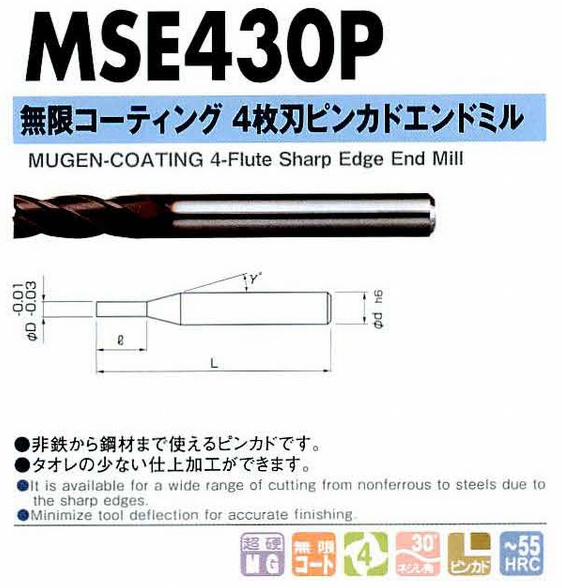 NS 日進工具 MSE430P 無限コーティング4枚刃ピンカドエンドミル コードNO．08-00112-01000 刃径10 刃長25 首角- シャンク径10mm 全長75