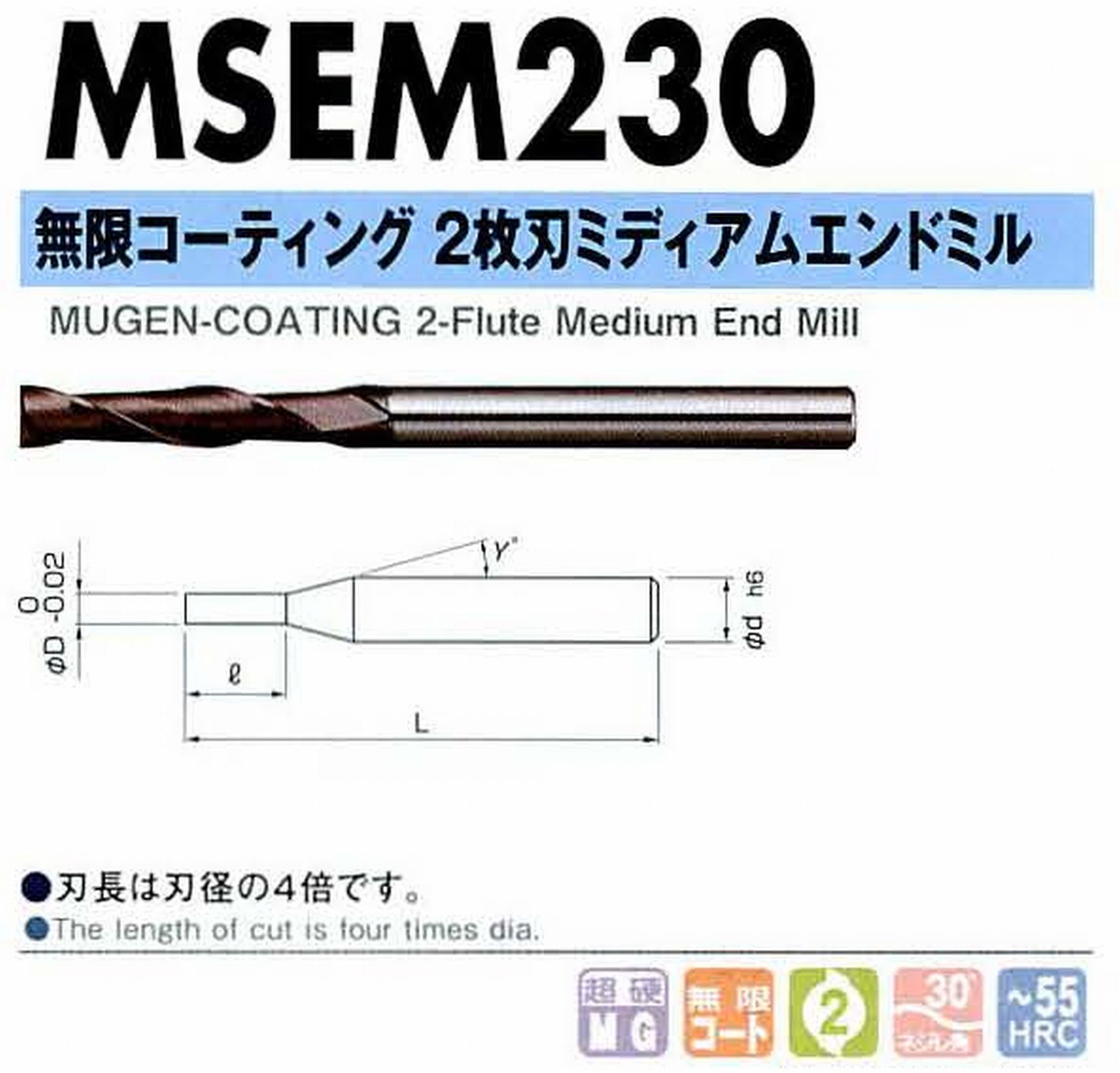 NS 日進工具 MSEM230 無限コーティング2枚刃ミディアムエンドミル コードNO．08-00101-00600 刃径6 刃長24 首角- シャンク径6mm 全長75