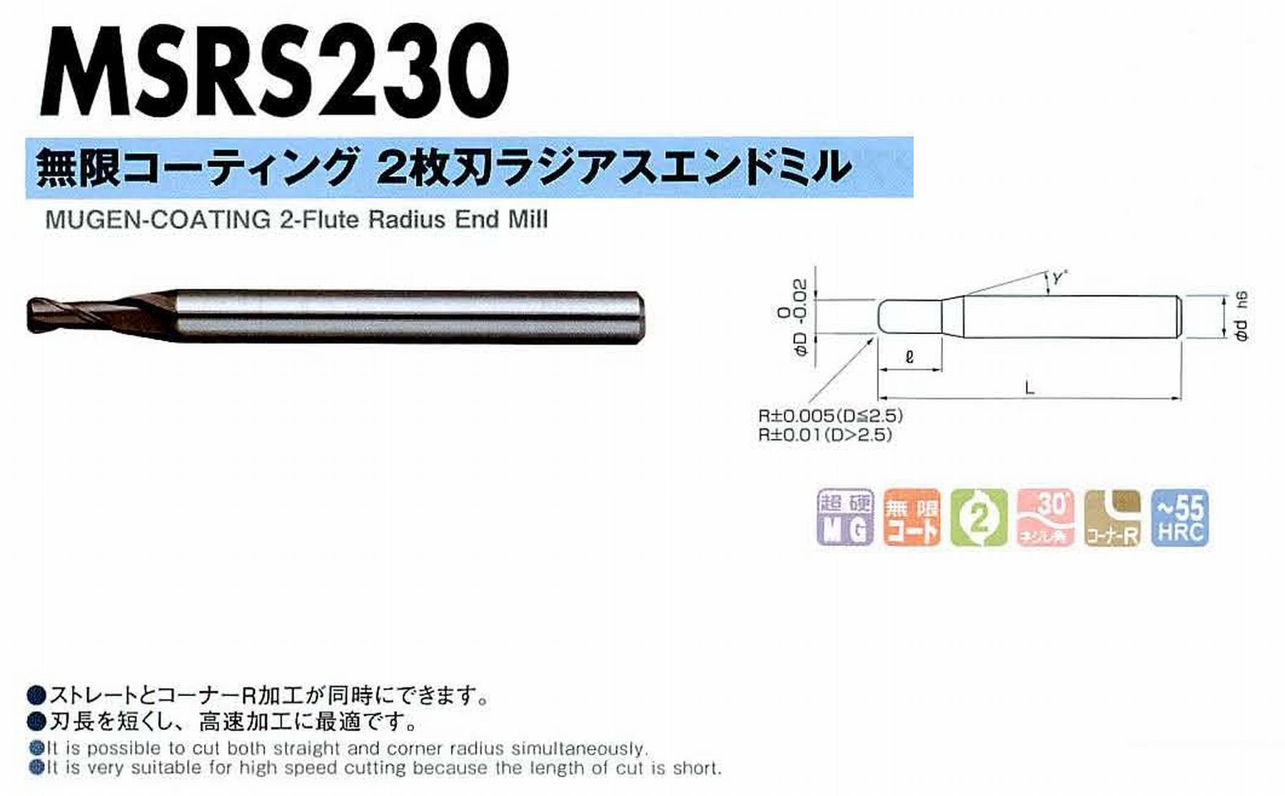 NS 日進工具 MSRS230 無限コーティング2枚刃ラジアスエンドミル コードNO．08-00700-04001 刃径4 ボール半径R0.1 刃長8 首角9° シャンク径6mm 全長65