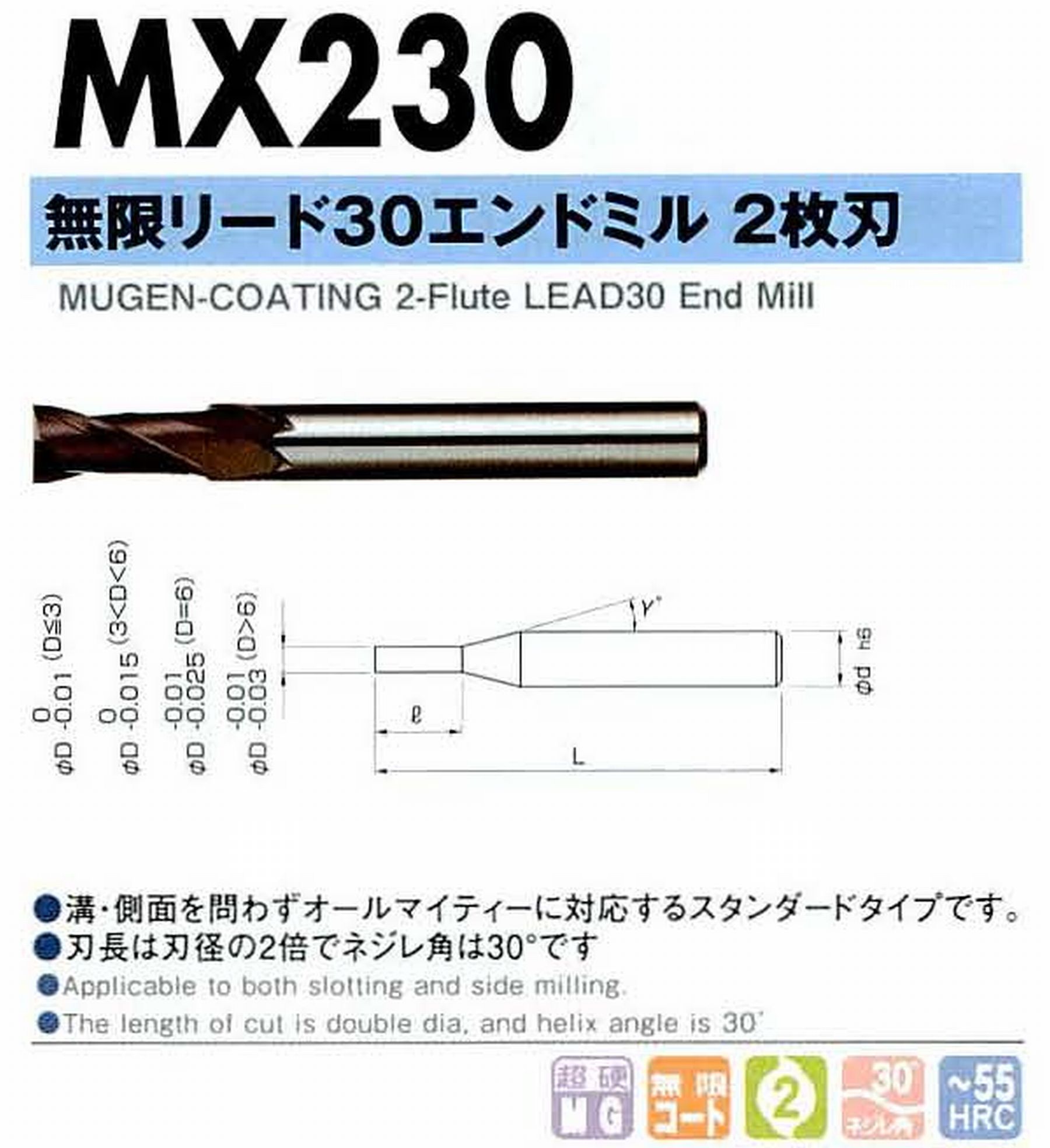 NS 日進工具 MX230 無限リード30エンドミル2枚刃 コードNO．08-00030-00310 刃径3.1 刃長6.2 首角12° シャンク径6mm 全長45