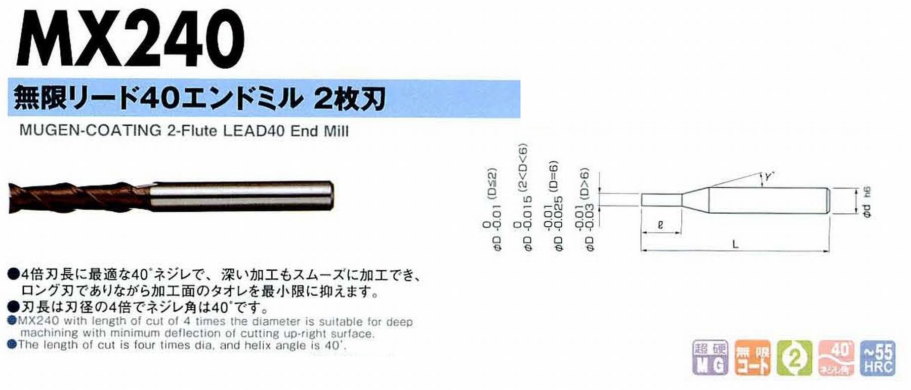 NS 日進工具 MX240 無限リード40エンドミル2枚刃 コードNO．08-00040-00900 刃径9 刃長36 首角12° シャンク径10mm 全長100