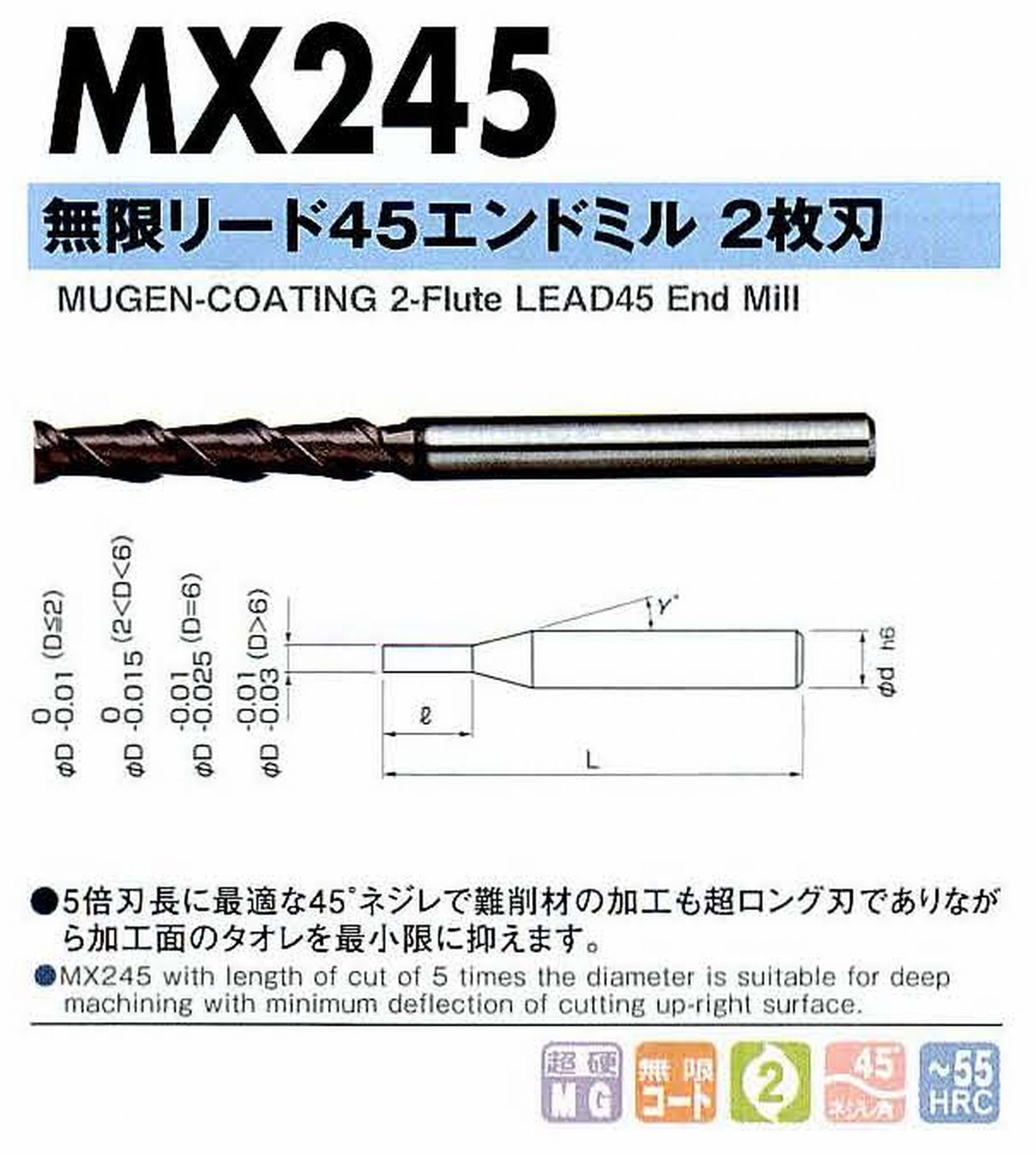 NS 日進工具 MX245 無限リード45エンドミル2枚刃 コードNO．08-00045-00080 刃径0.8 刃長4 首角12° シャンク径4mm 全長45