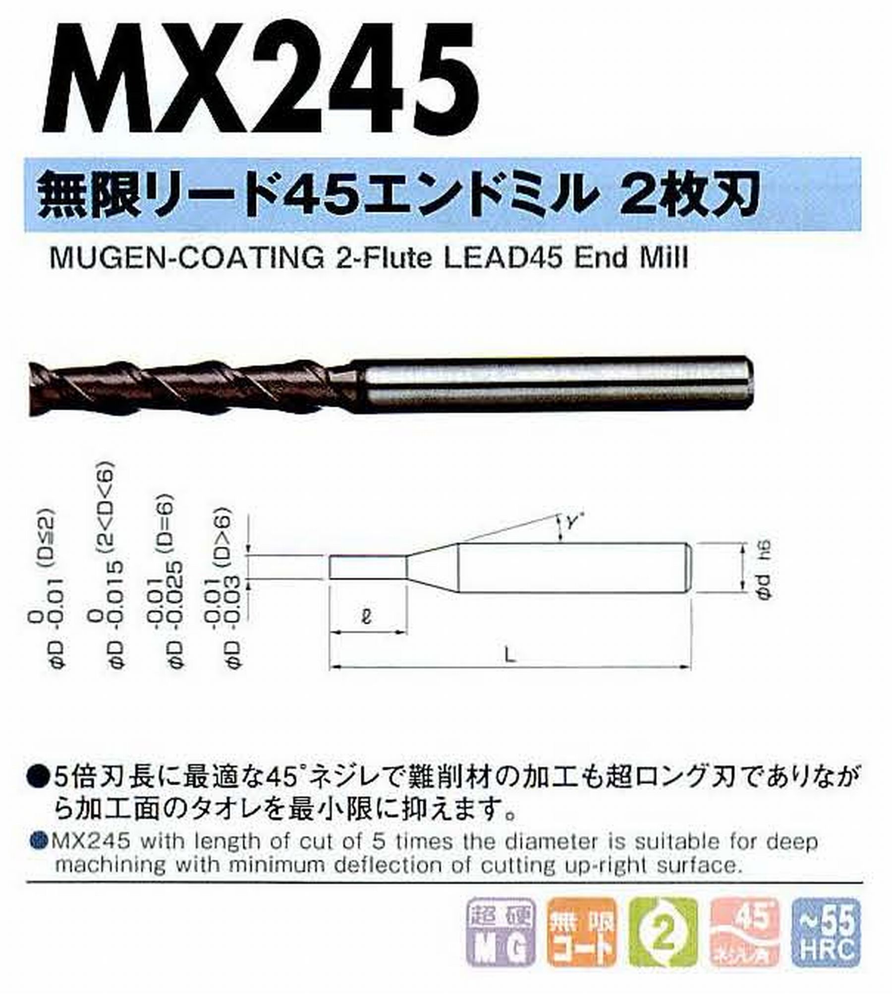 NS 日進工具 MX245 無限リード45エンドミル2枚刃 コードNO．08-00045-00300 刃径3 刃長15 首角12° シャンク径6mm 全長55