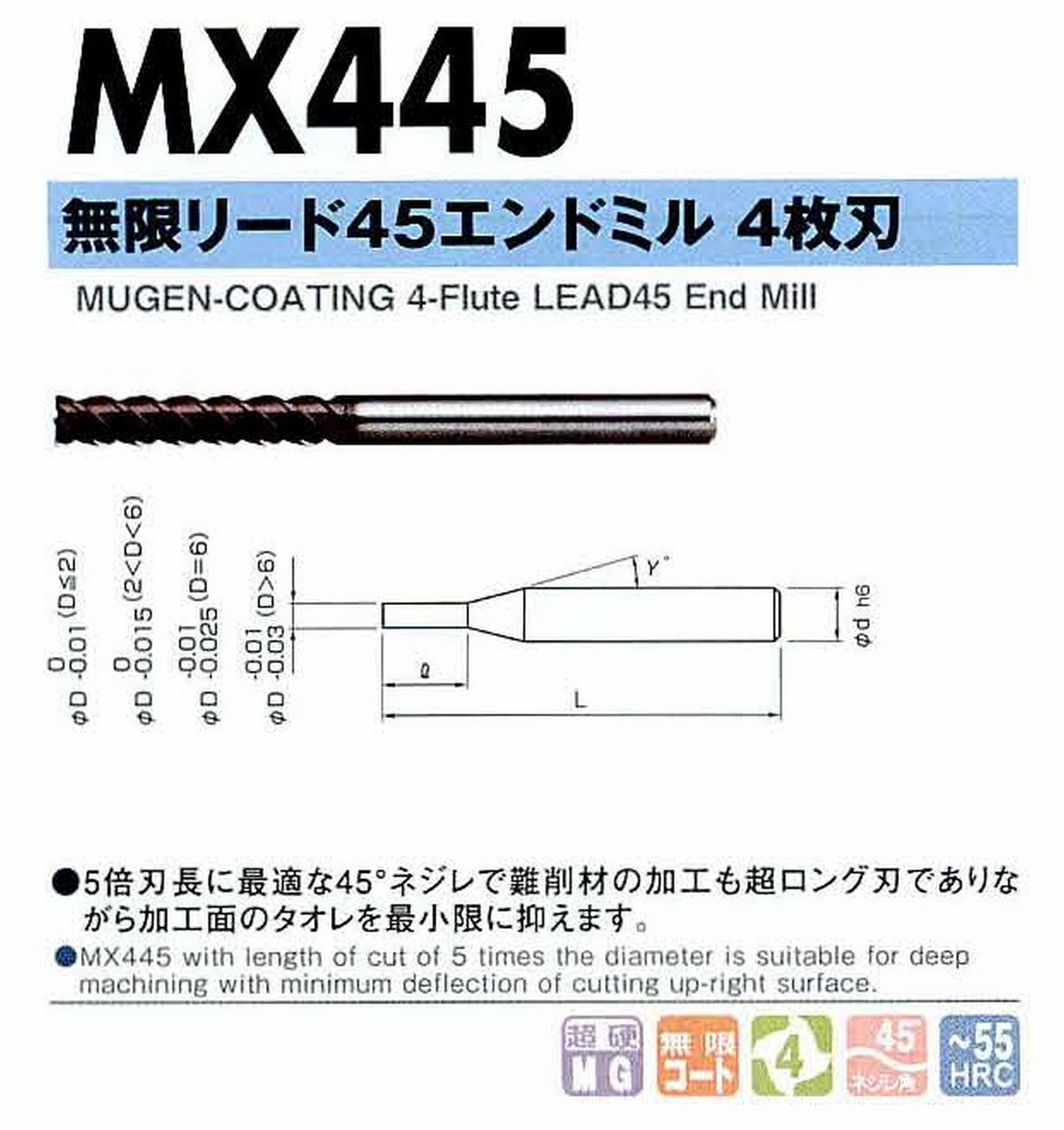 NS 日進工具 MX445 無限リード45エンドミル4枚刃 コードNO．08-00095-01200 刃径12 刃長60 首角- シャンク径12mm 全長105