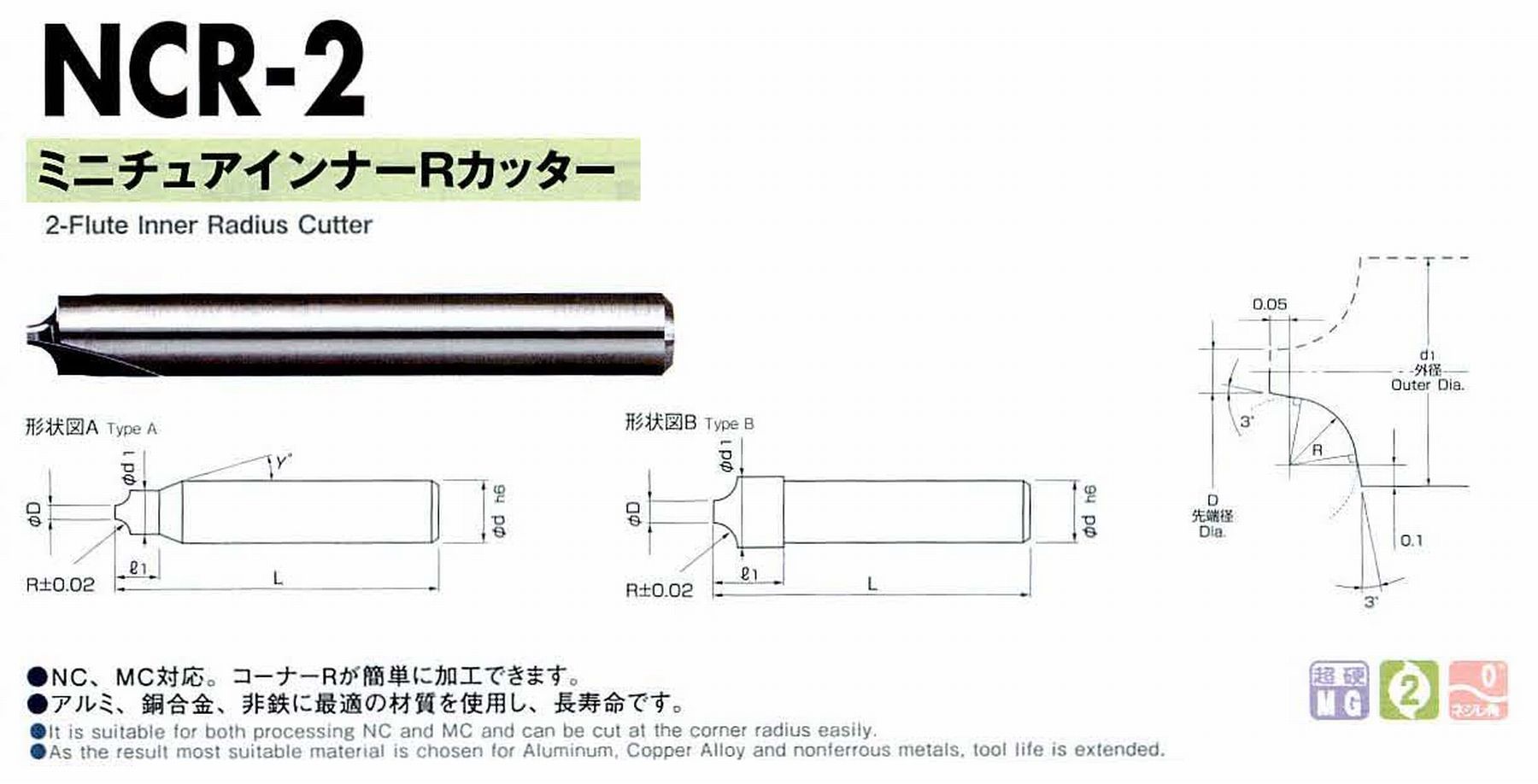 NS 日進工具 NCR-2 ミニチュアインナーRカッター コードNO．01-00912-00500 R:R0.5 先端径1.5 外径2.7 外径長さ4 首角9° 形状A シャンク径4mm 全長45