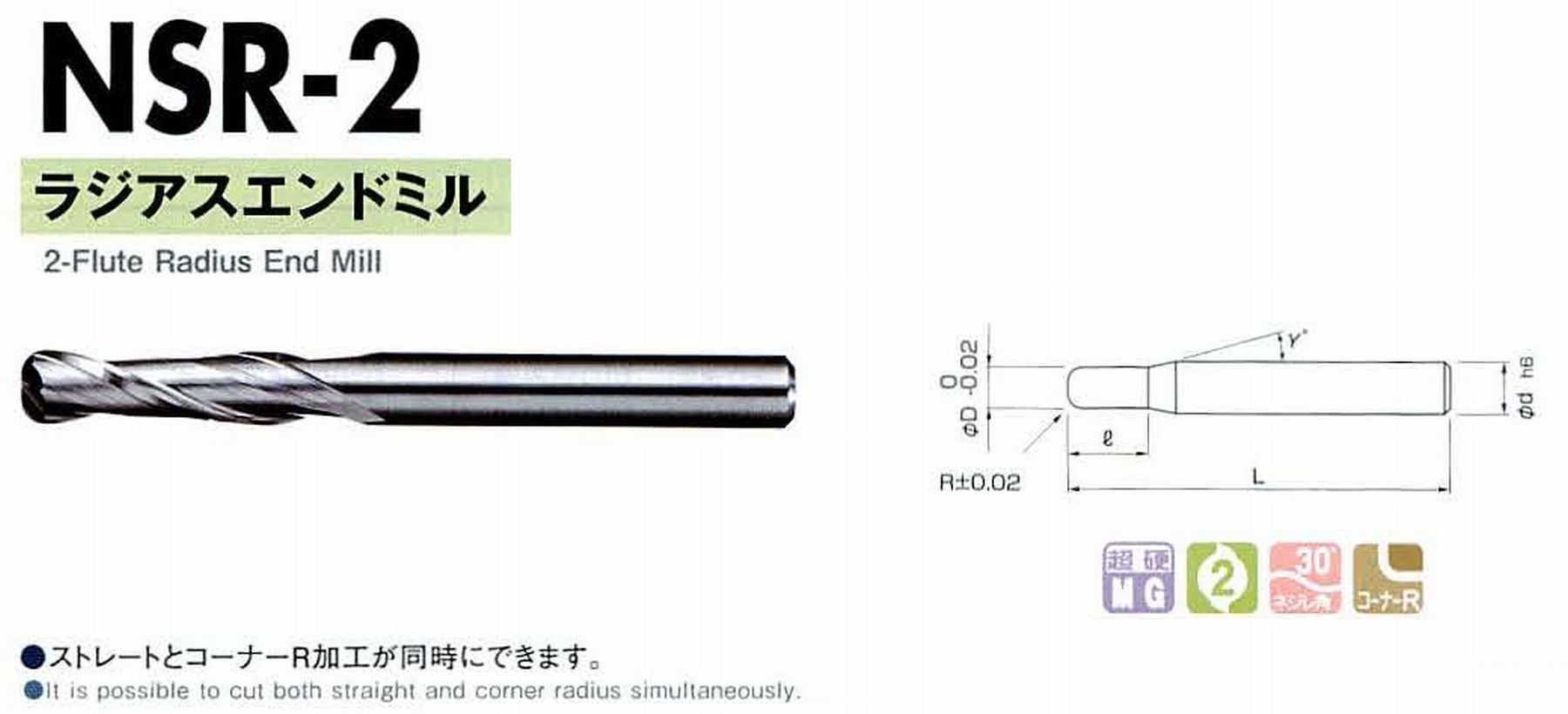 NS 日進工具 NSR-2 ラジアスエンドミル コードNO．01-00772-01015 刃径10 コーナー半径R1.5 刃長30 首角- シャンク径10mm 全長80