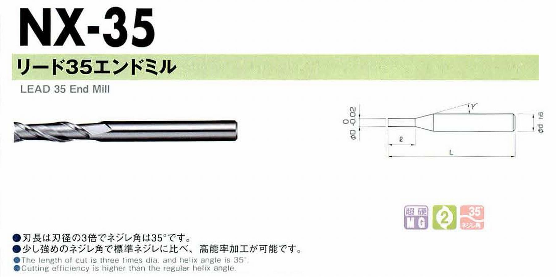 NS 日進工具 NX-35 リード35エンドミル コードNO．01-00035-00250 刃径2.5 刃長7.5 首角9° シャンク径4mm 全長45