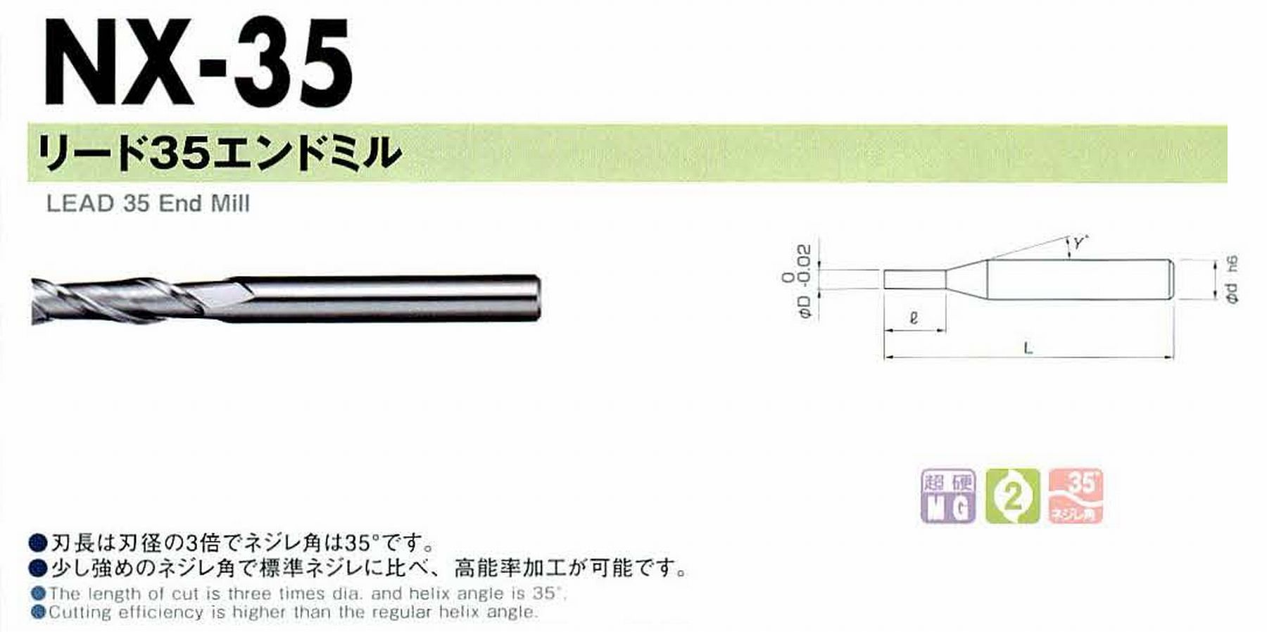 NS 日進工具 NX-35 リード35エンドミル コードNO．01-00035-01200 刃径12 刃長36 首角- シャンク径12mm 全長85