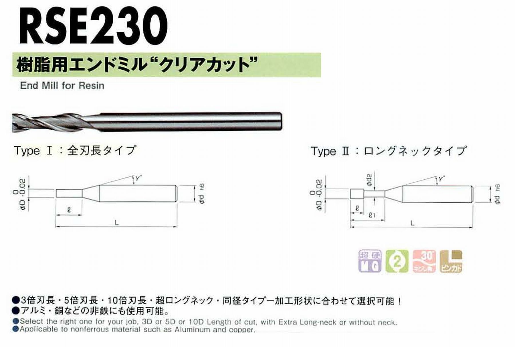 NS 日進工具 RSE230 樹脂用エンドミル(クリアカット) コードNO．01-00644-00812 刃径0.8 刃長2.4 有効長12 形状Ⅱ 首角12°首下径0.76 シャンク径4mm 全長50