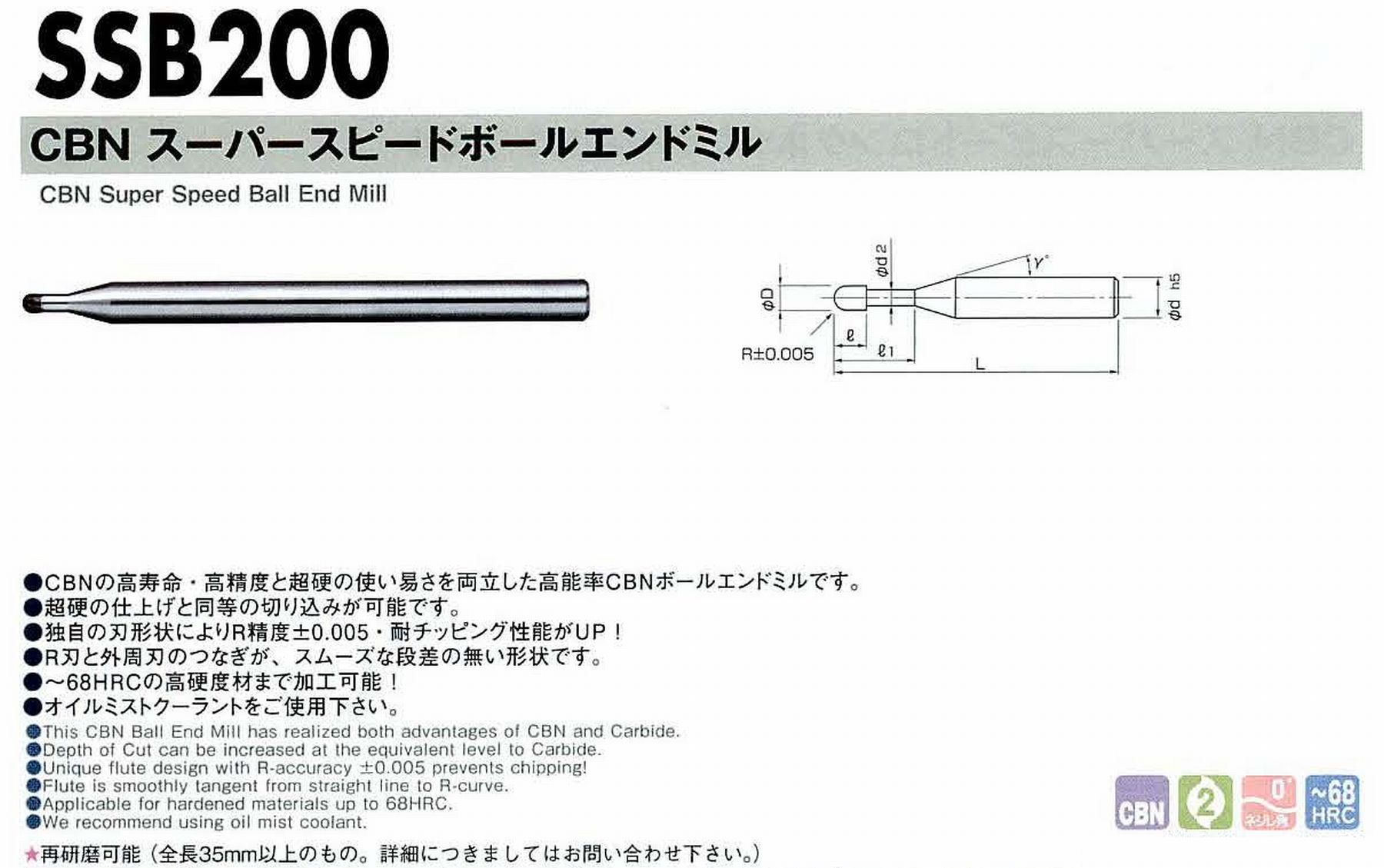 NS 日進工具 SSB200 CBNスーパースピードボールエンドミル コードNO．01-00510-01001 ボール半径R1 有効長4 刃長1.2 刃径2 首下径1.94 首角15° シャンク径4mm 全長52