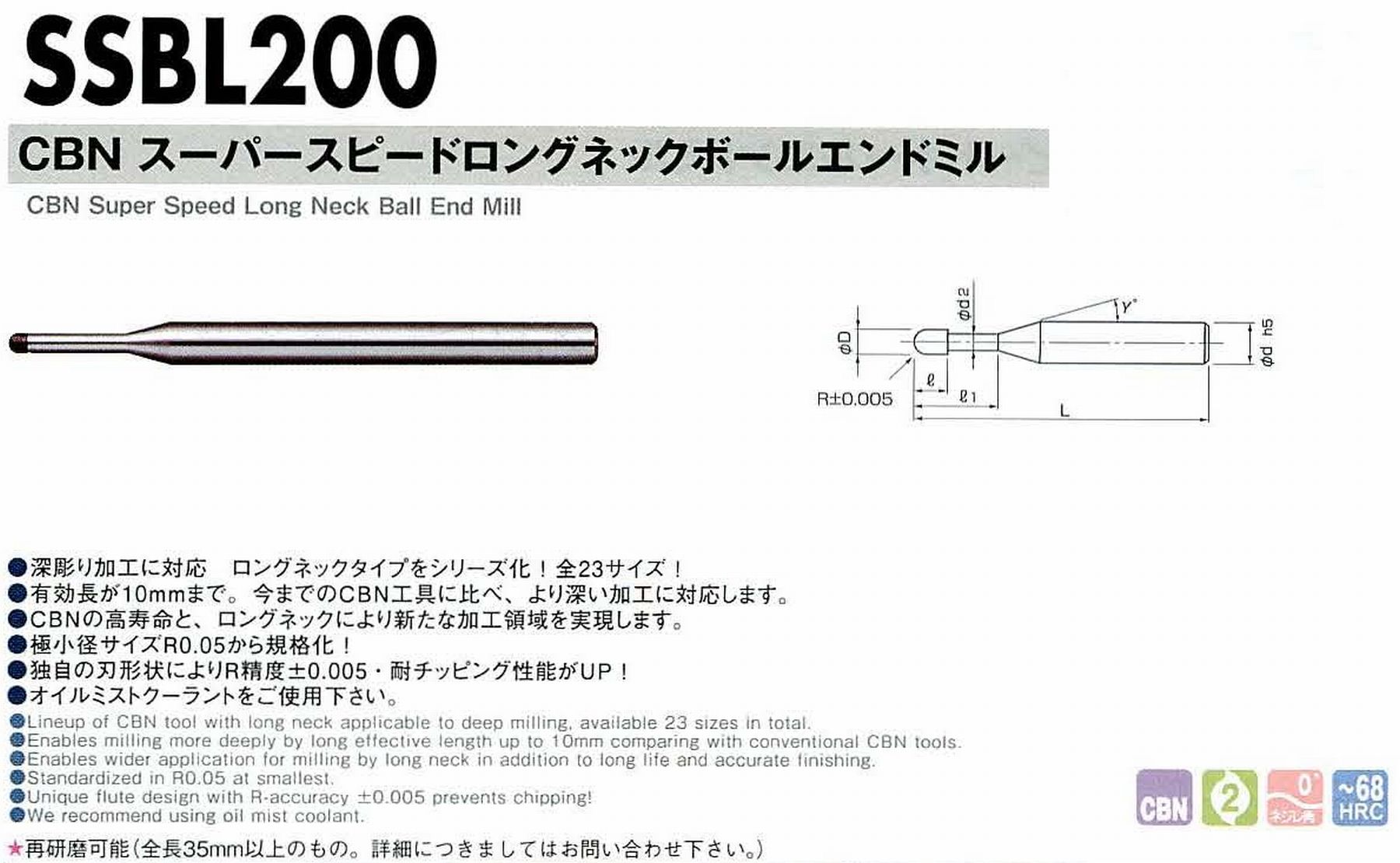 NS 日進工具 SSBL200 CBNスーパースピードロングネックボールエンドミル コードNO．01-00511-00303 ボール半径R0.3 有効長5 刃長0.5 刃径0.6 首下径0.56 首角15° シャンク径4mm 全長52