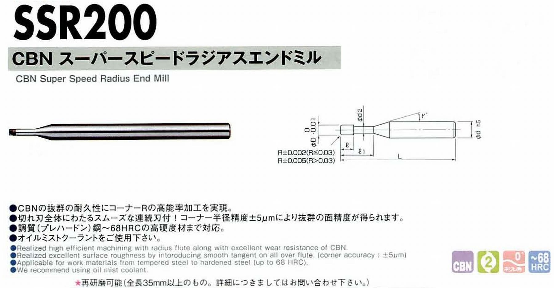 NS 日進工具 SSR200 CBNスーパースピードラジアスエンドミル コードNO．01-00490-04023 刃径0.4 コーナー半径R0.02 有効長1.5 刃長0.24 首下径0.37 首角15° シャンク径4mm 全長50