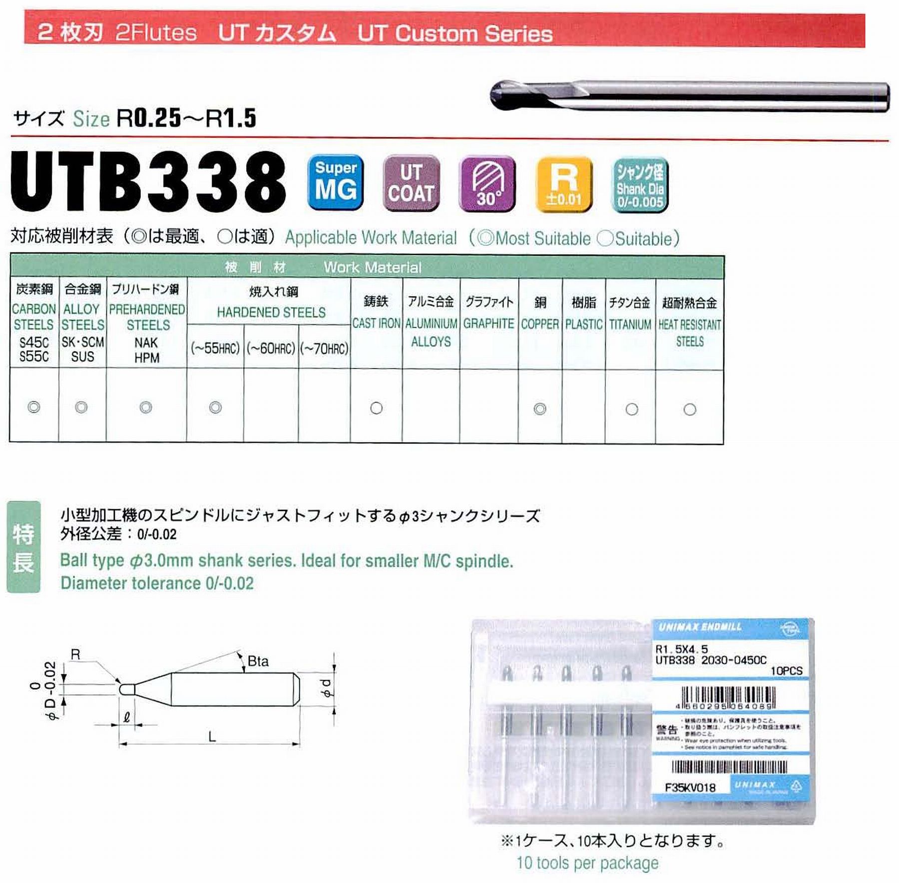 ユニオンツール 2枚刃 UTB338 2030-0450C ボール半径R1.5 刃長4.5 シャンクテーパ角- 全長38 シャンク径3
