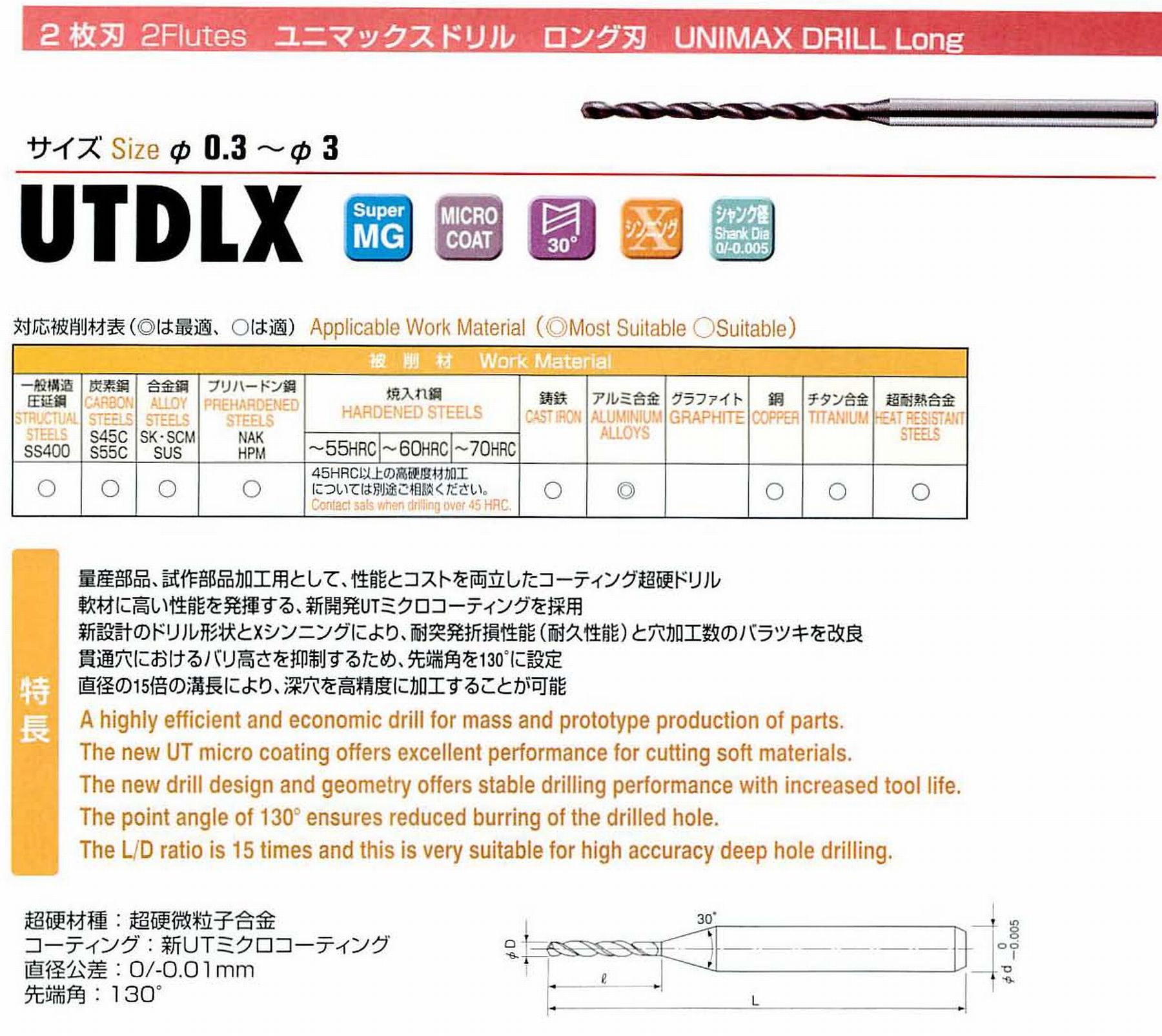 ユニオンツール 2枚刃 UTDLX2030-045 直径0.3 溝長4.5 全長38 シャンク径3